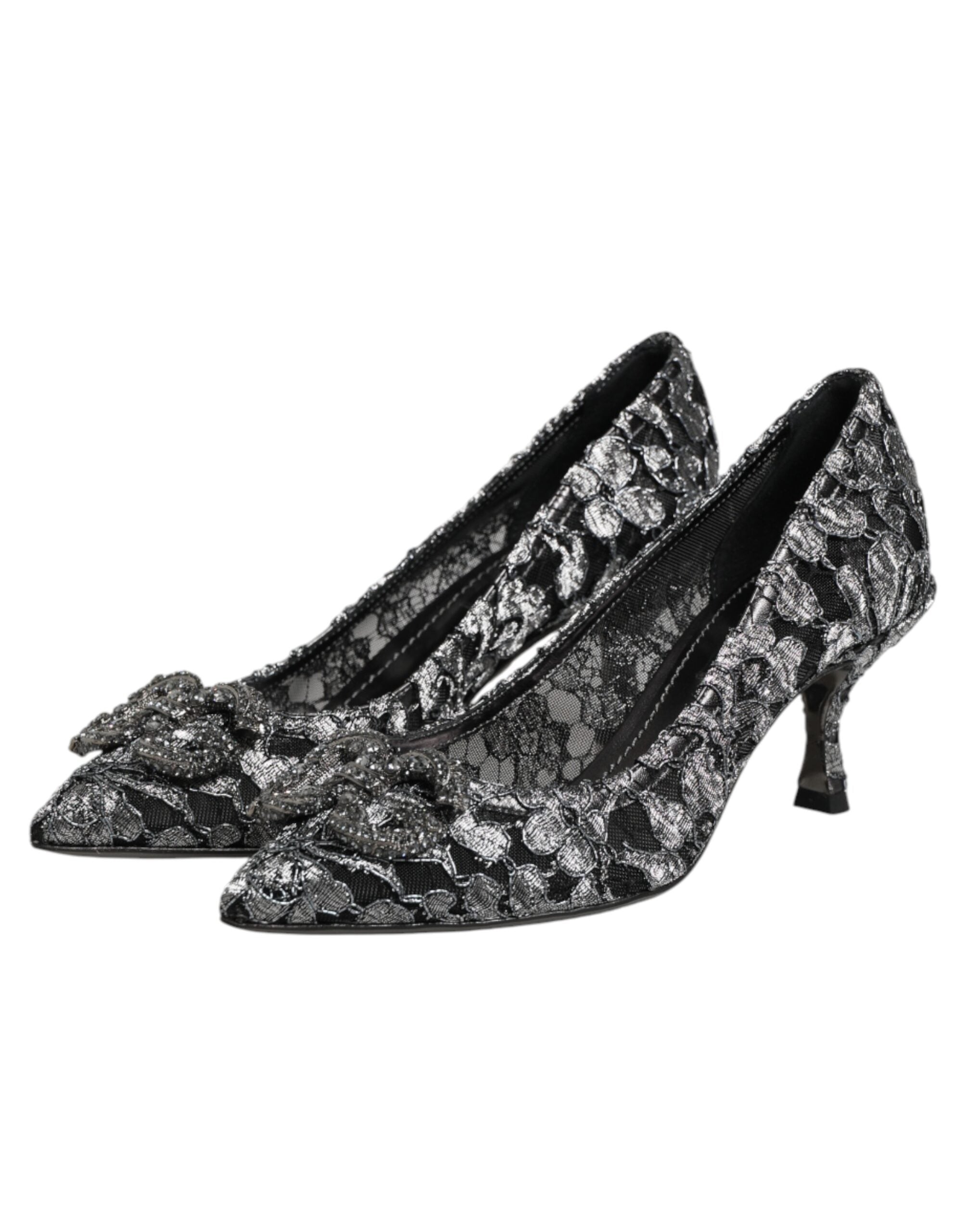 Dolce & Gabbana Silberne Spitzen-Pumps mit DG Amore Absatz-5
