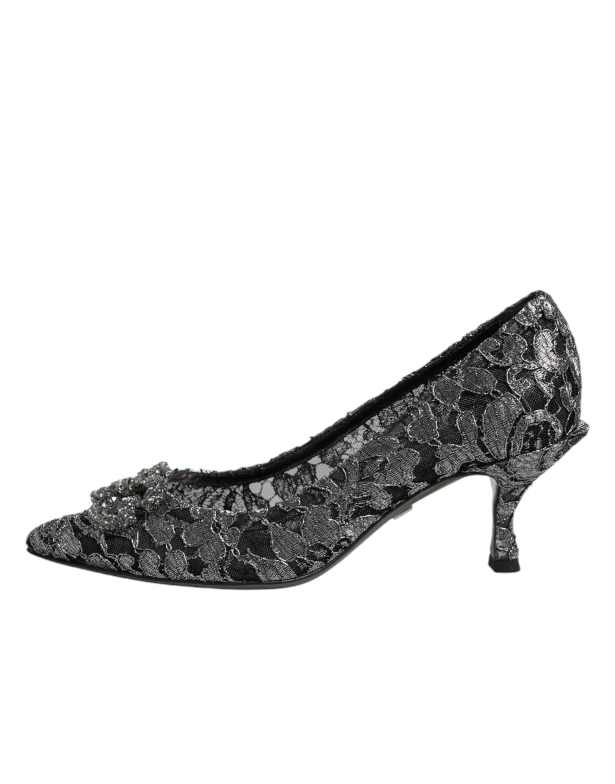 Dolce & Gabbana Silberne Spitzen-Pumps mit DG Amore Absatz-7