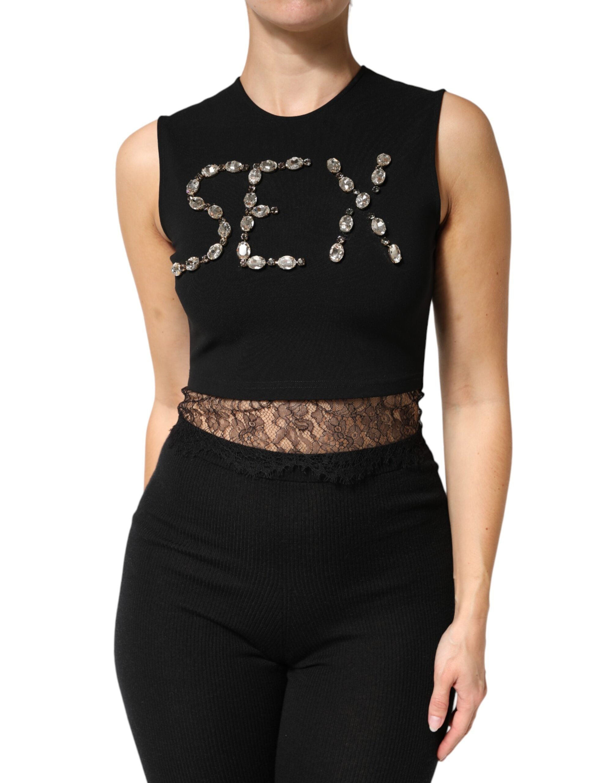 Dolce & Gabbana Black jersey top with lace ruffles and rhinestones-2