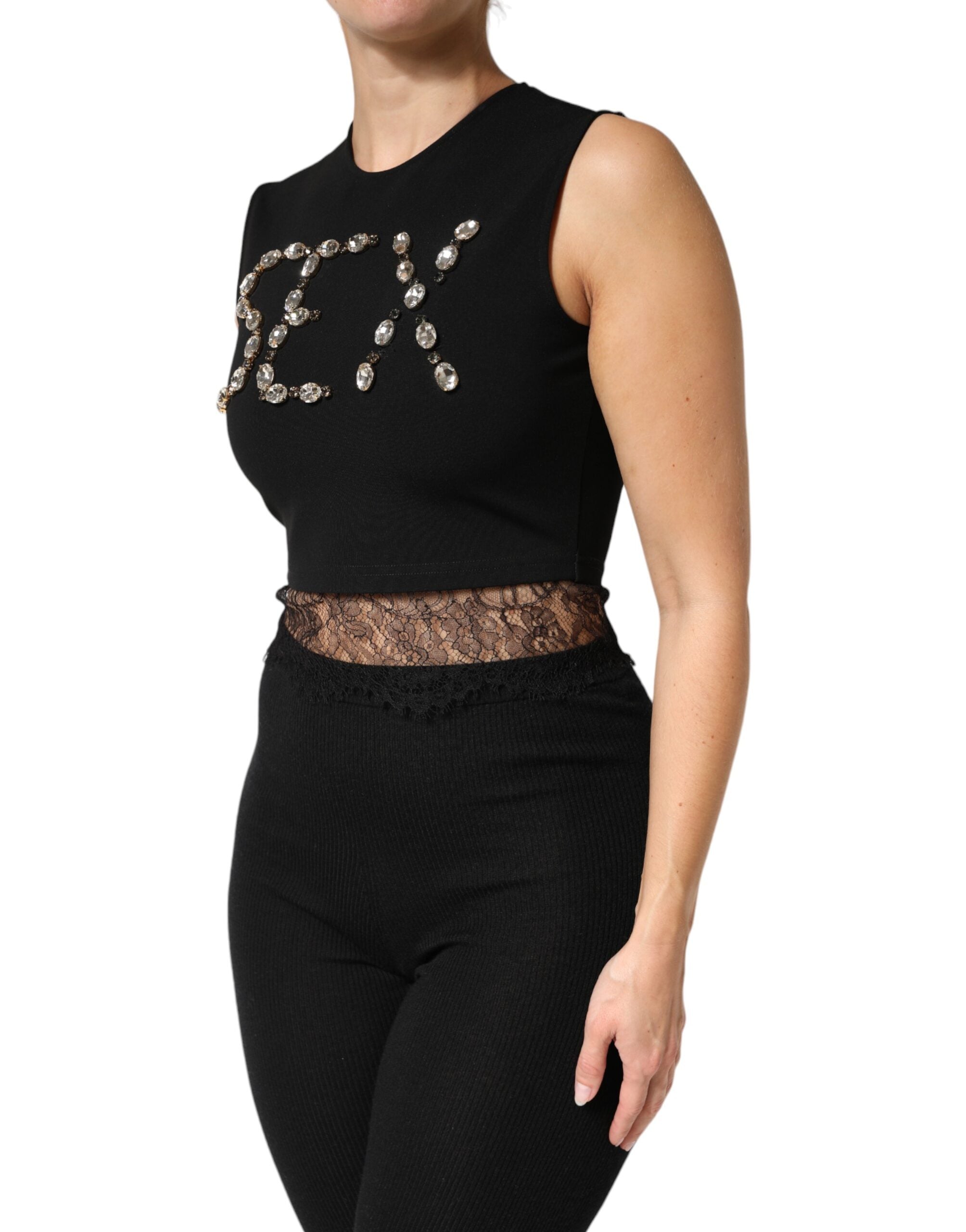 Dolce & Gabbana Black jersey top with lace ruffles and rhinestones-3