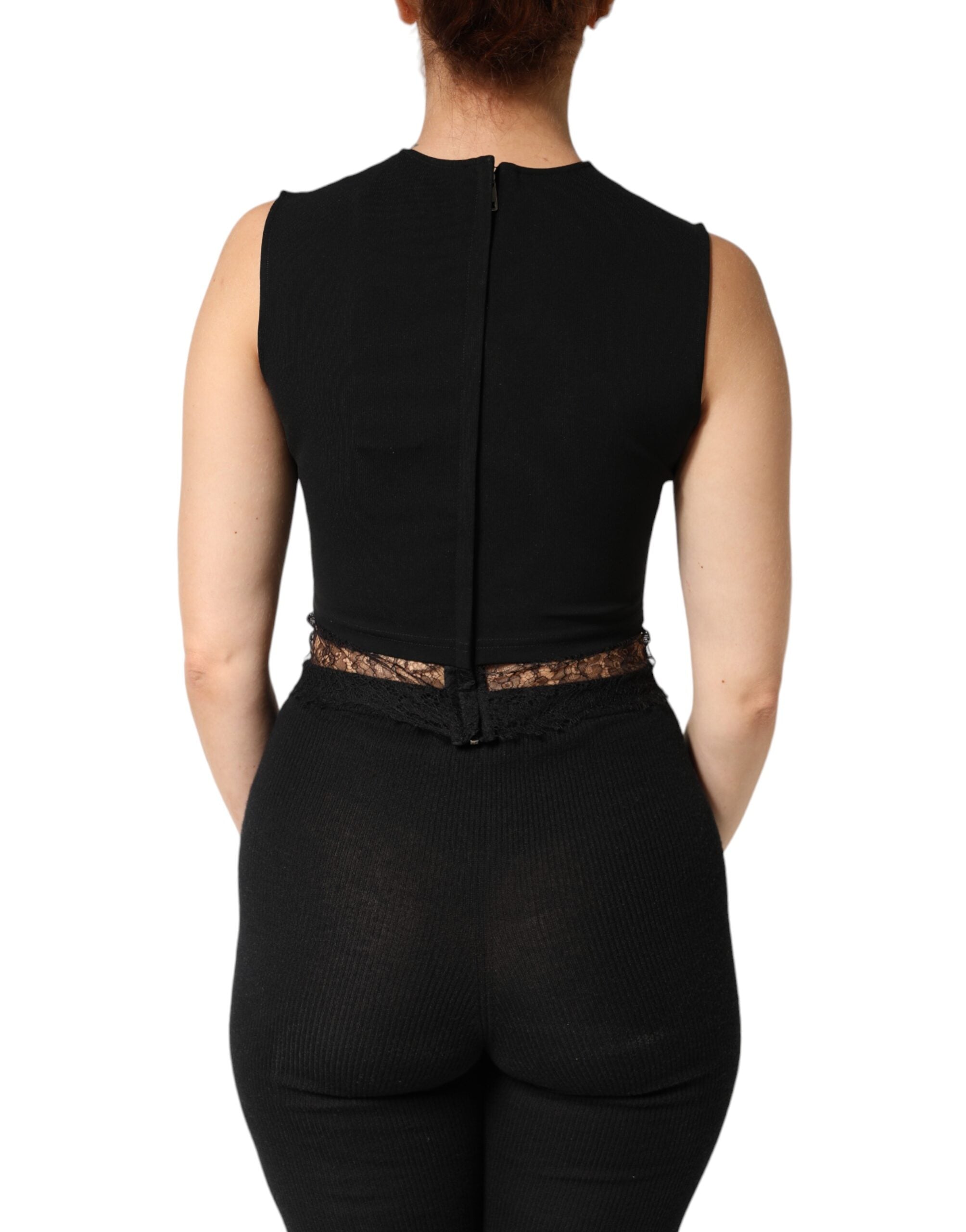 Dolce & Gabbana Black jersey top with lace ruffles and rhinestones-4