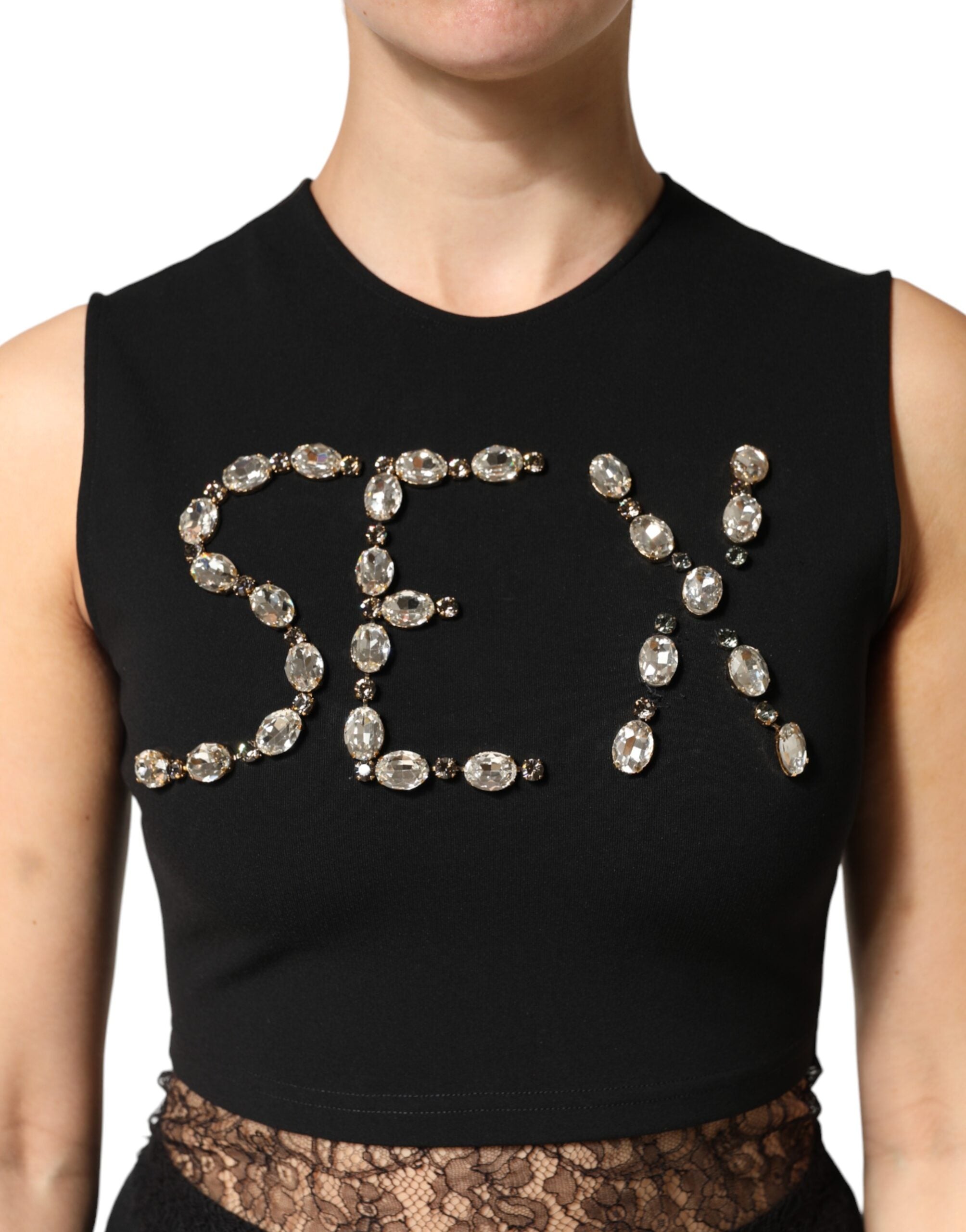 Dolce & Gabbana Black jersey top with lace ruffles and rhinestones-5