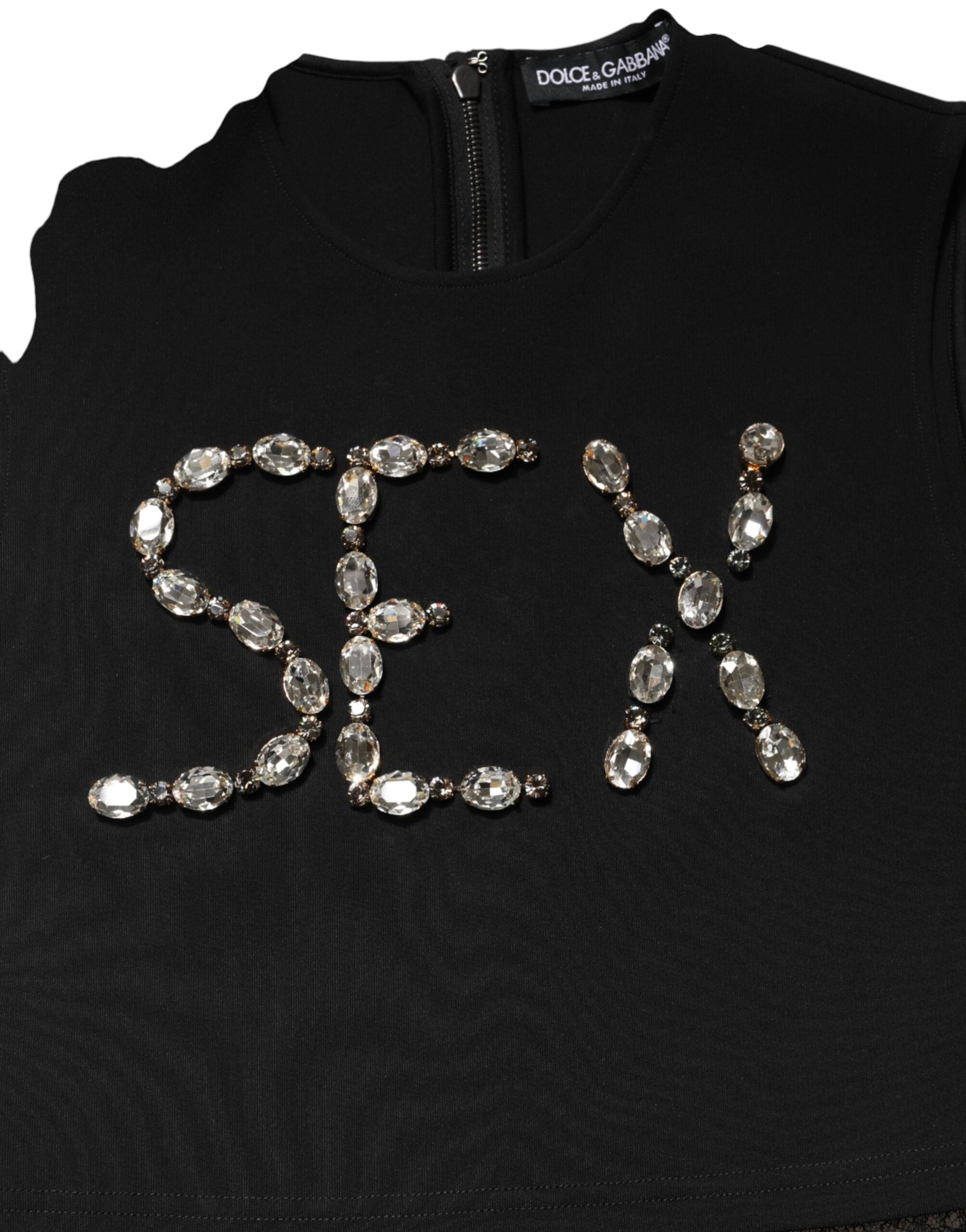 Dolce & Gabbana Black jersey top with lace ruffles and rhinestones-7