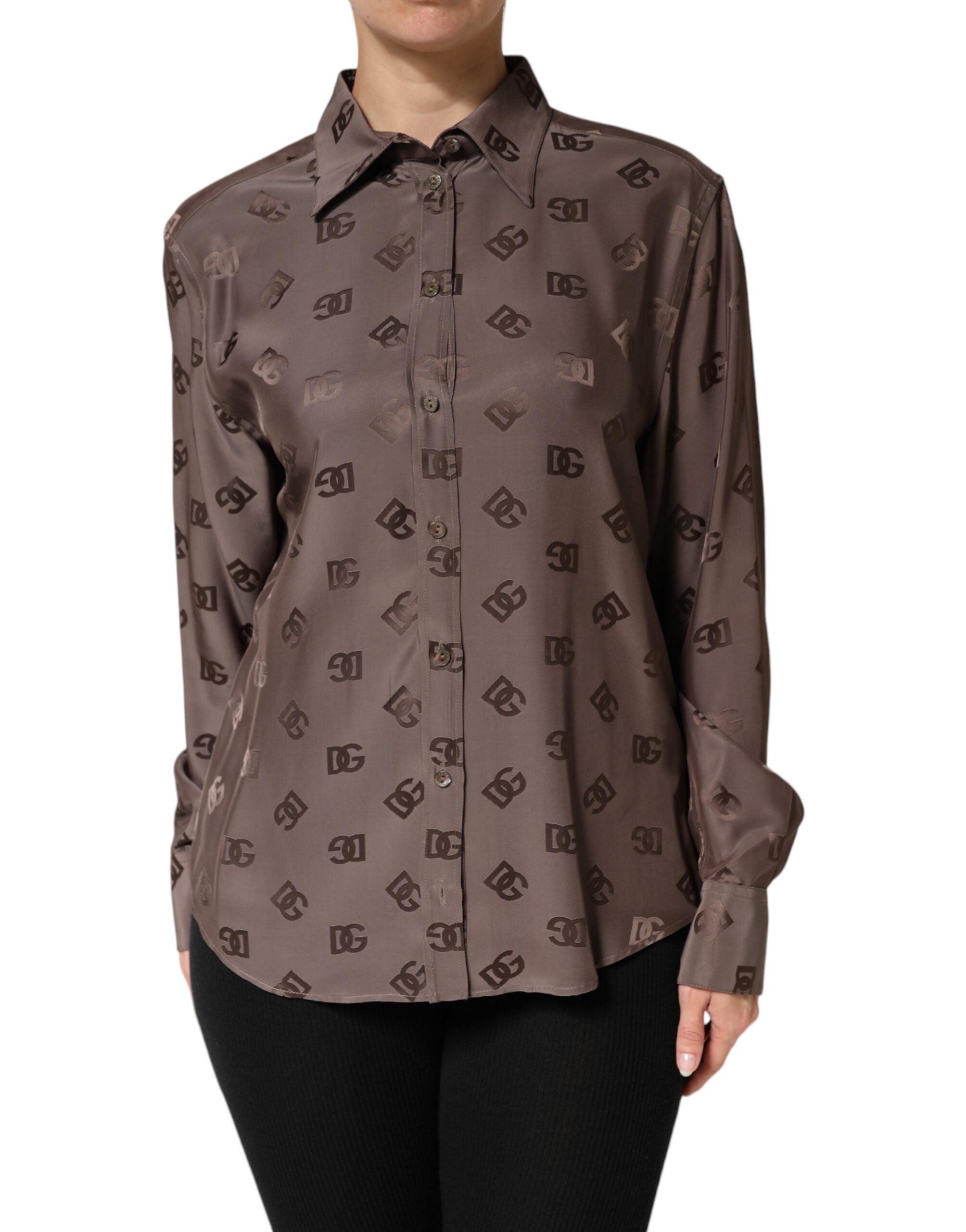 Dolce & Gabbana long-sleeved logo shirt with collar in brown-2