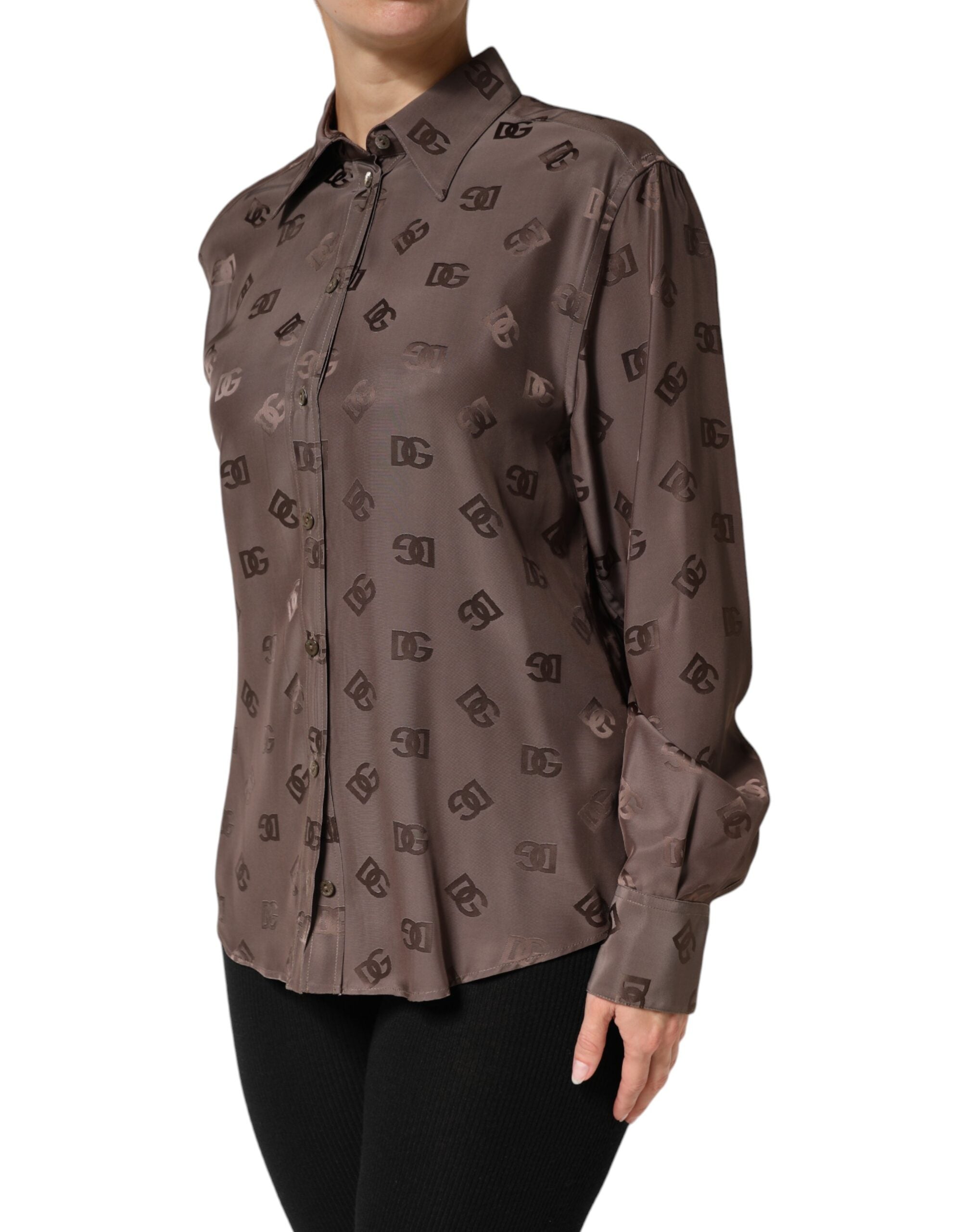 Dolce & Gabbana long-sleeved logo shirt with collar in brown-3