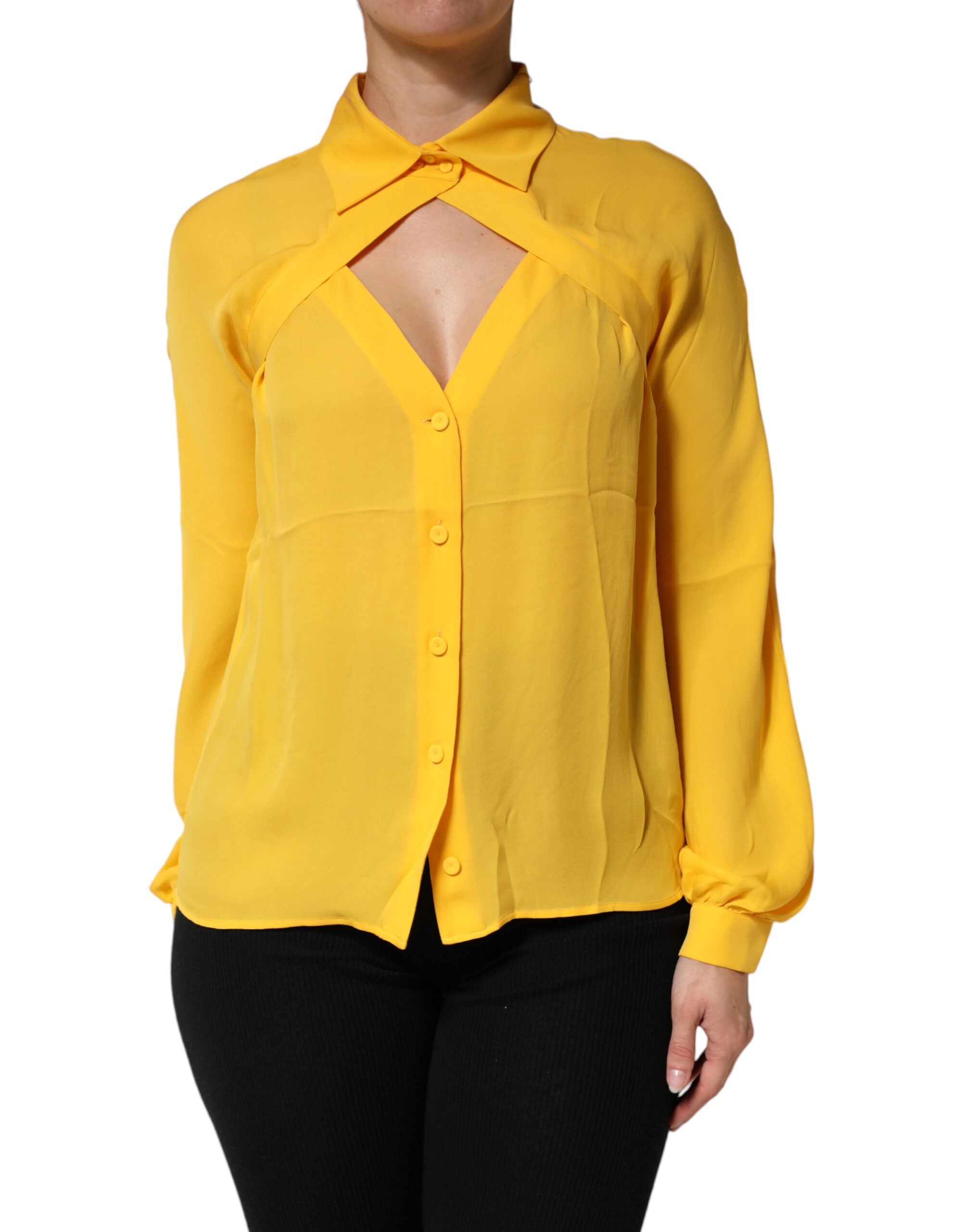 Moschino Couture yellow silk top with collar and long sleeves