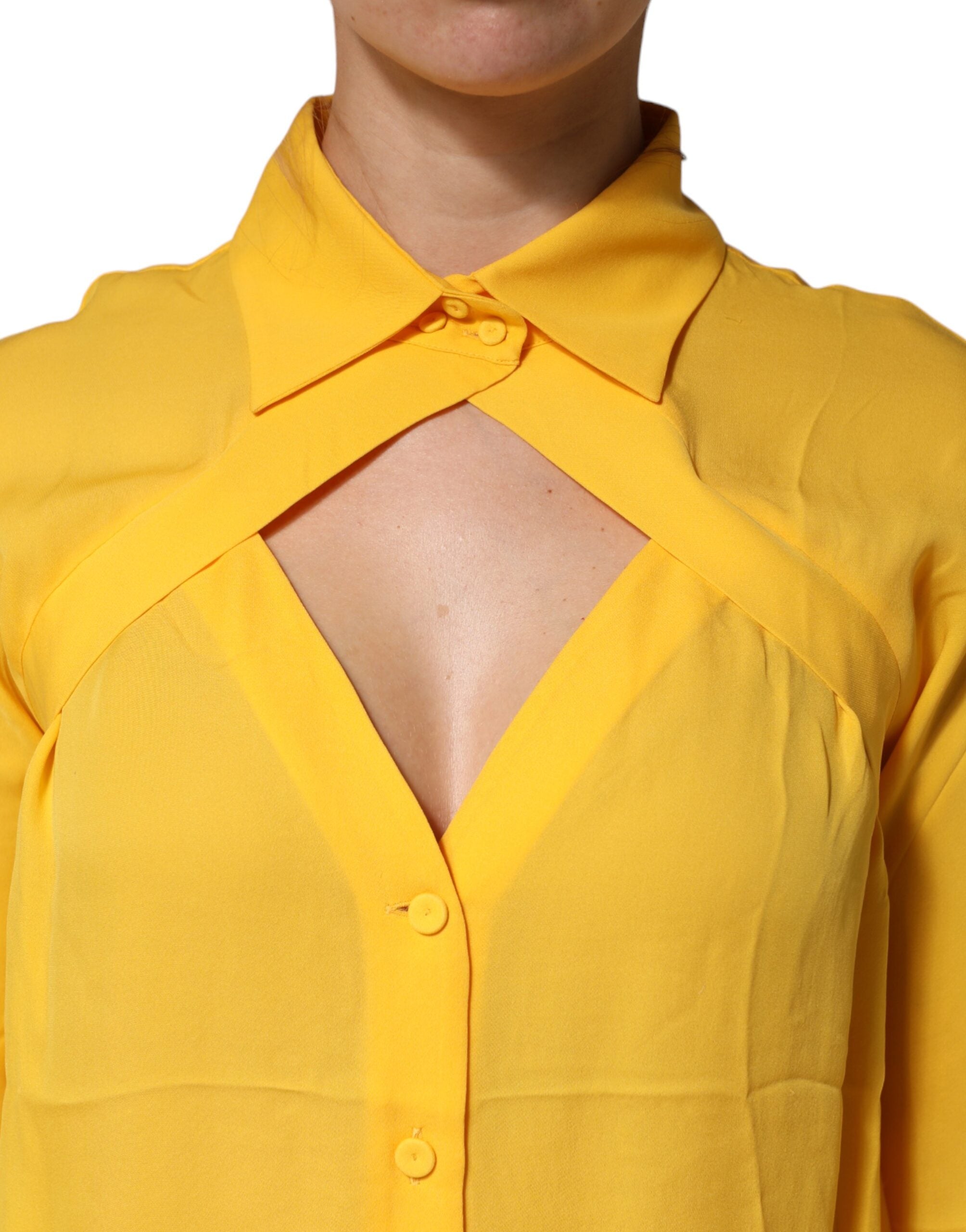 Moschino Couture Gelbes Seidenoberteil mit Kragen und langen Ärmeln-5