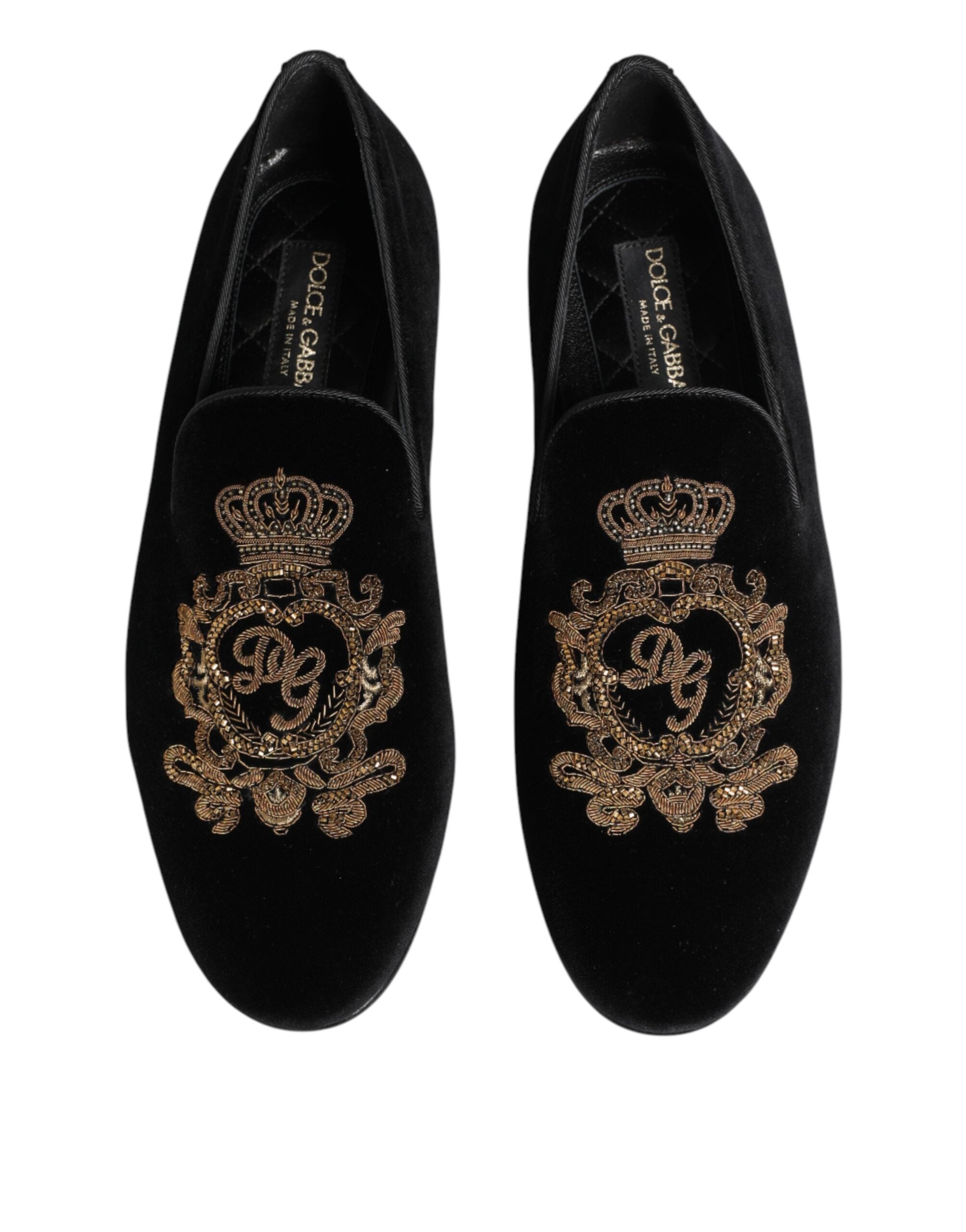 Dolce & Gabbana Schwarze Samt-Goldkrone Herren-Loafer-4