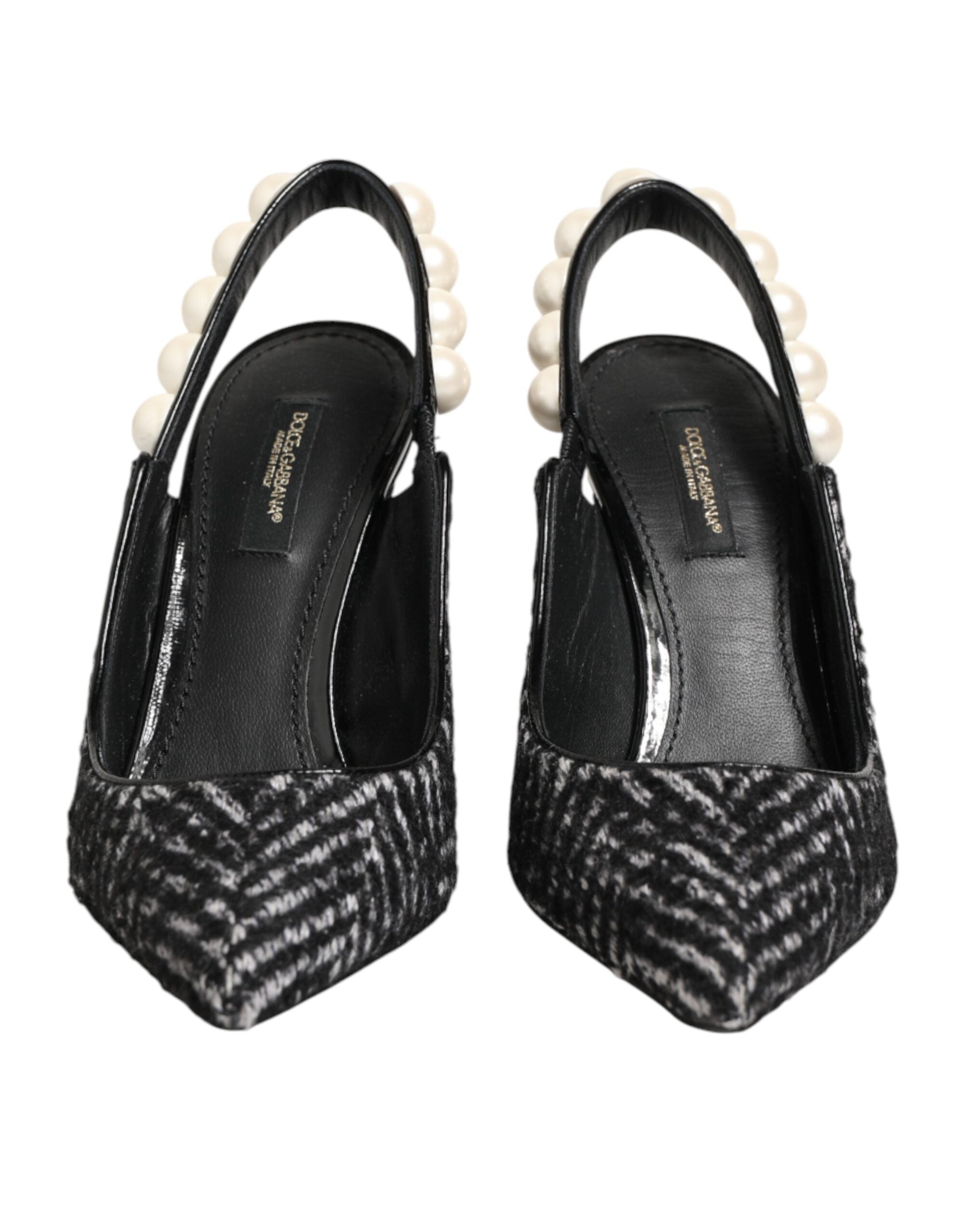 Dolce & Gabbana Weiße Slingback-Schuhe mit Schwarz-Weiß-Chevron-Muster und Kunstperlen-3