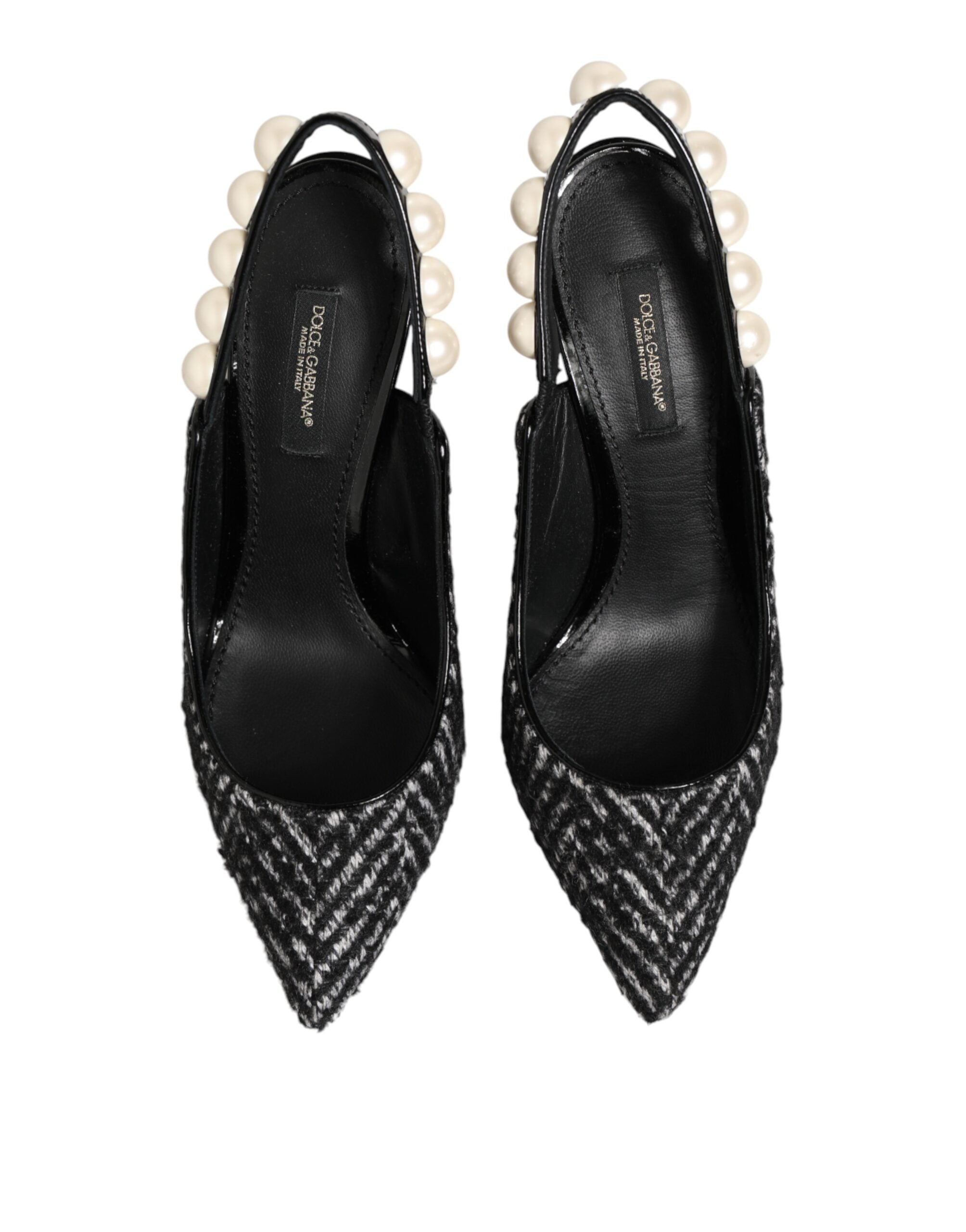 Dolce & Gabbana Weiße Slingback-Schuhe mit Schwarz-Weiß-Chevron-Muster und Kunstperlen-4