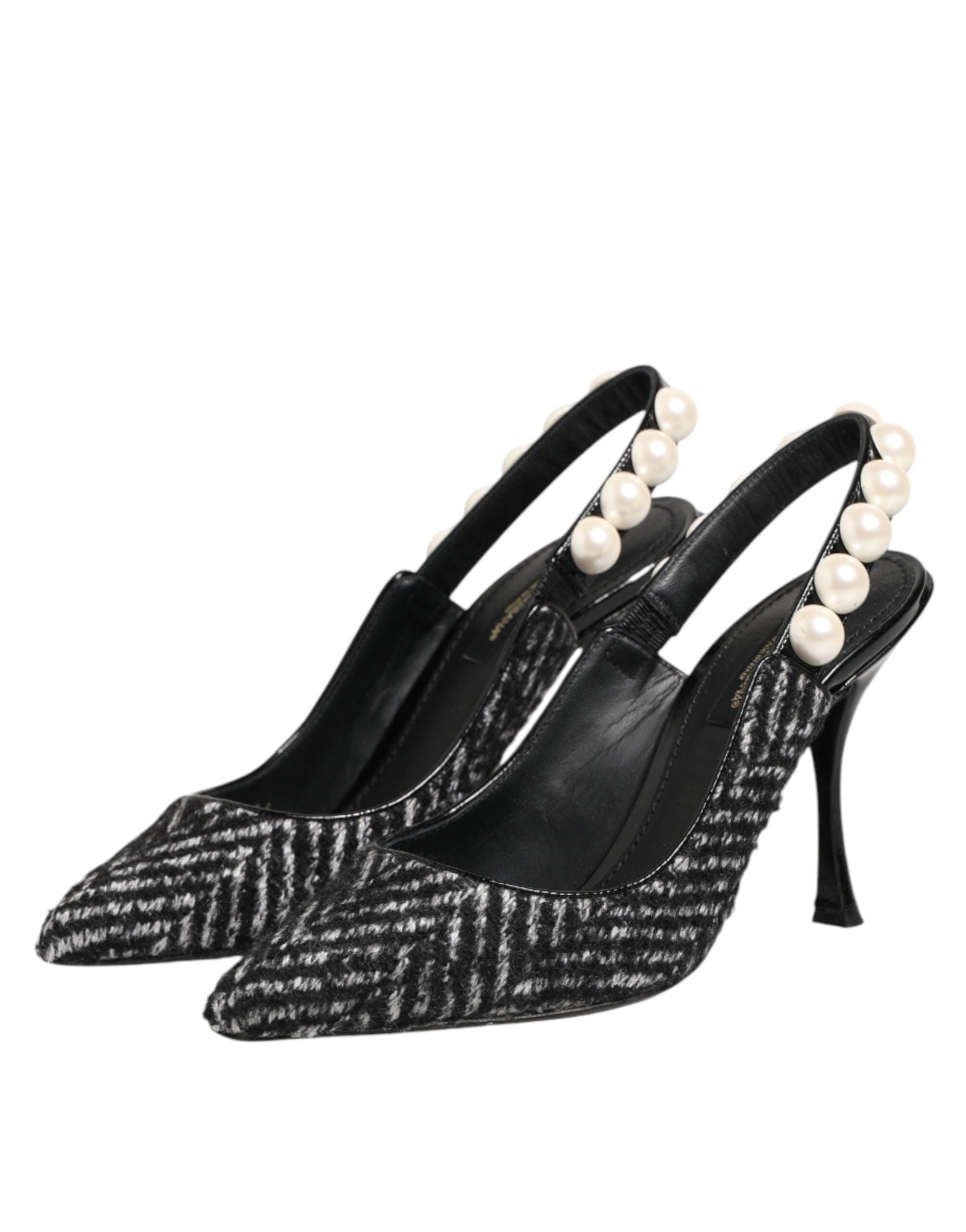 Dolce & Gabbana Weiße Slingback-Schuhe mit Schwarz-Weiß-Chevron-Muster und Kunstperlen-5