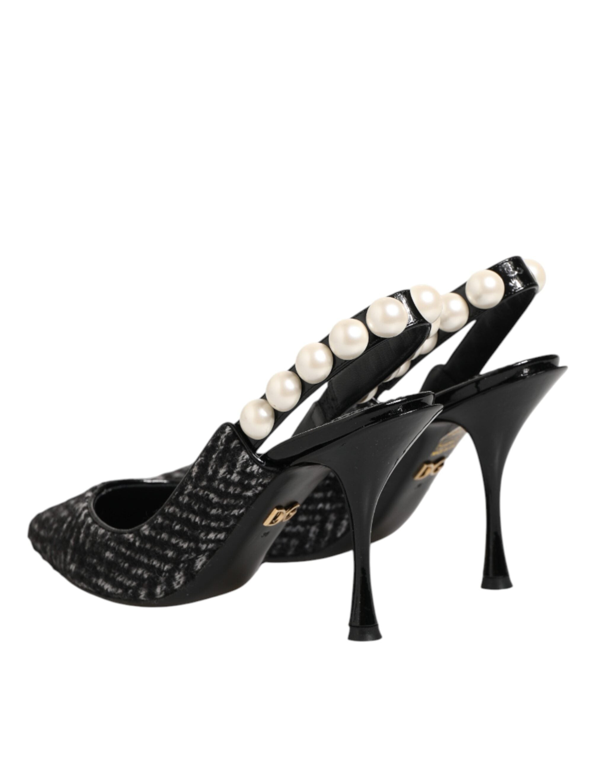 Dolce & Gabbana Weiße Slingback-Schuhe mit Schwarz-Weiß-Chevron-Muster und Kunstperlen-6