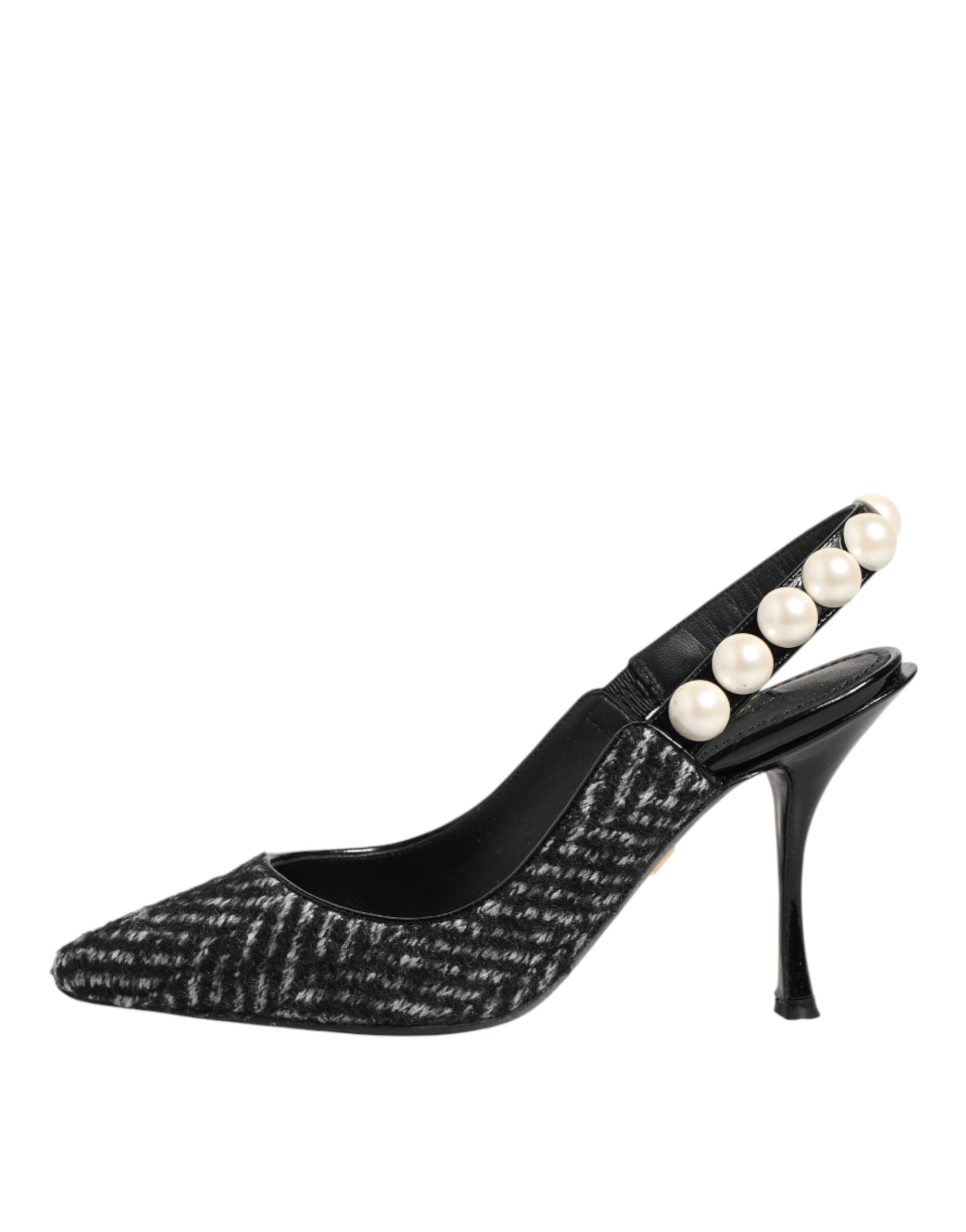 Dolce & Gabbana Weiße Slingback-Schuhe mit Schwarz-Weiß-Chevron-Muster und Kunstperlen-7