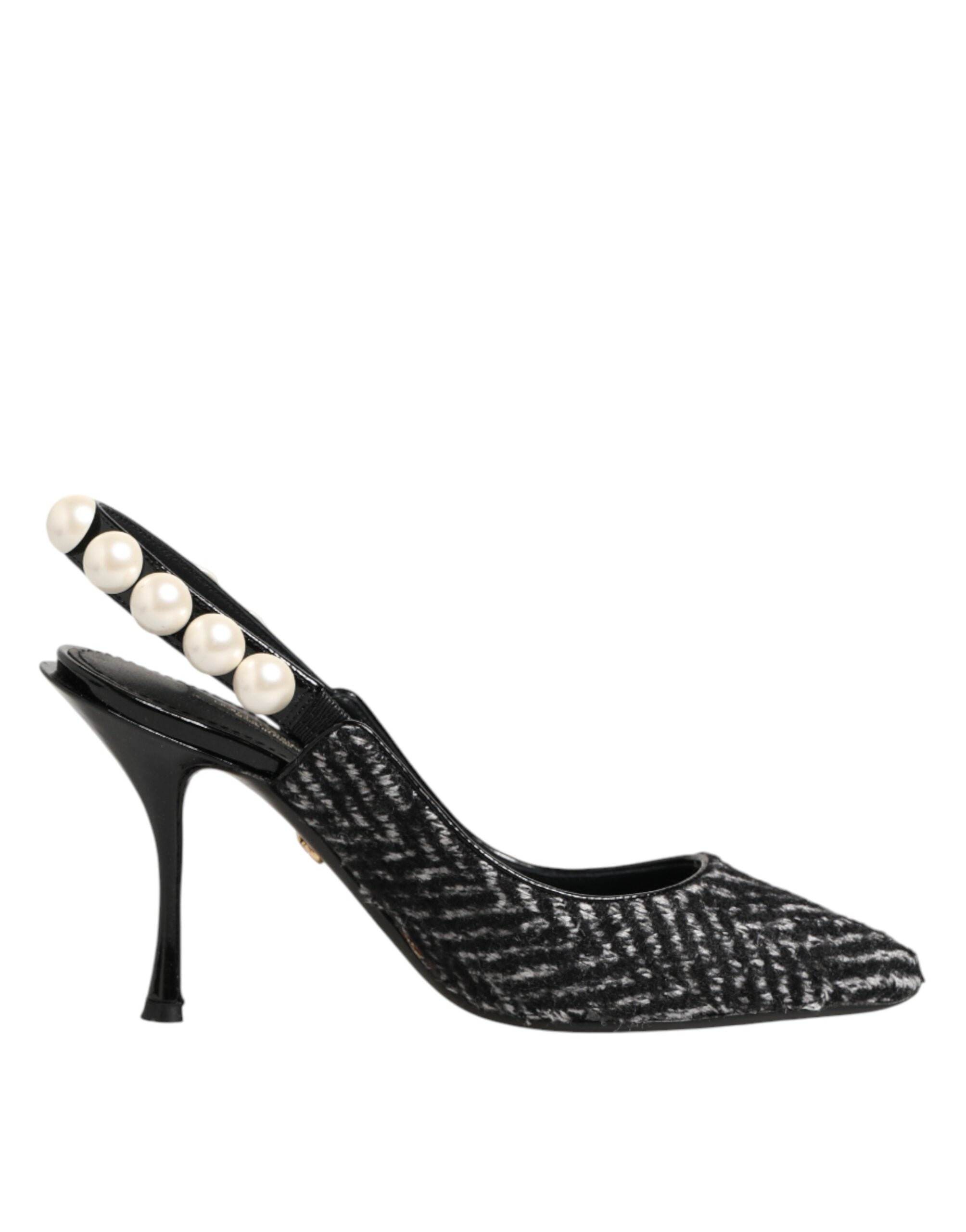 Dolce & Gabbana Weiße Slingback-Schuhe mit Schwarz-Weiß-Chevron-Muster und Kunstperlen-1