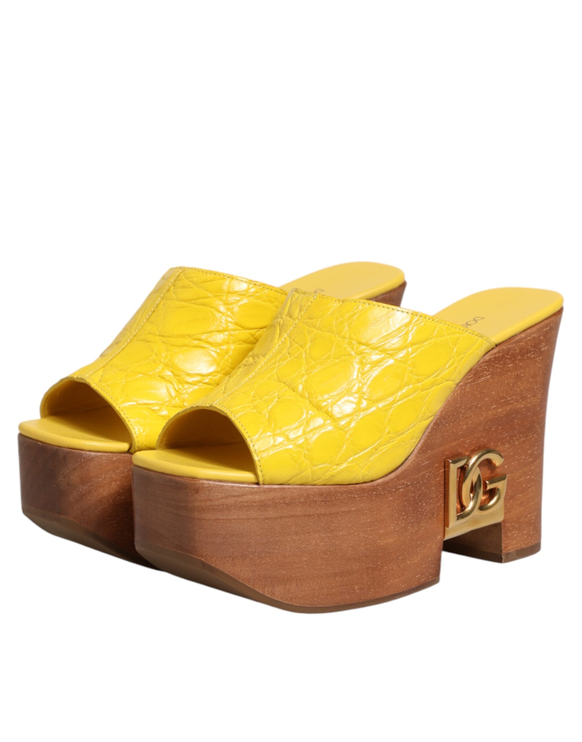 Dolce & Gabbana Yellow Leather and Wood Mule Wedge Slides-5