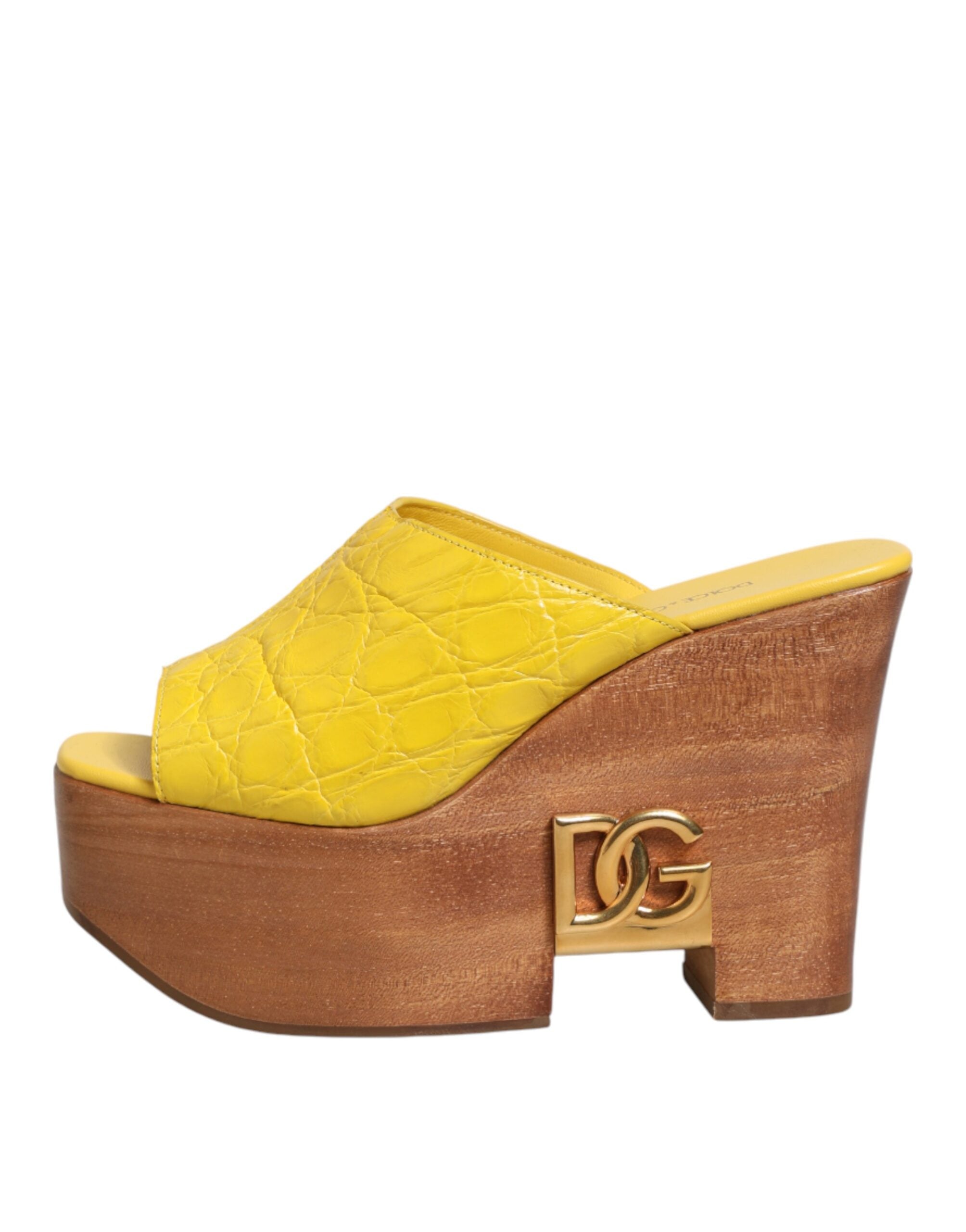Dolce & Gabbana Yellow Leather and Wood Mule Wedge Slides-7