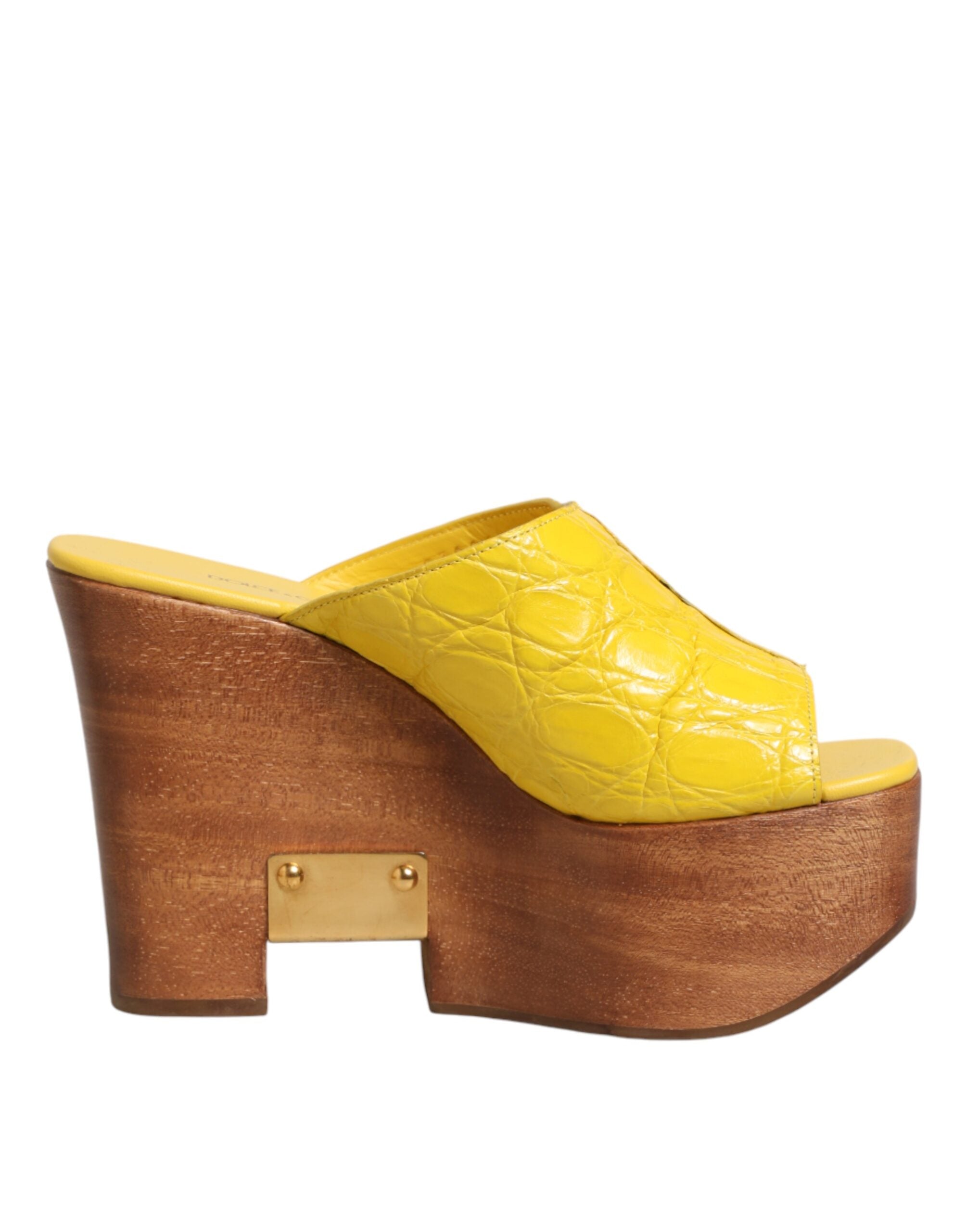 Dolce & Gabbana Yellow Leather and Wood Mule Wedge Slides-1