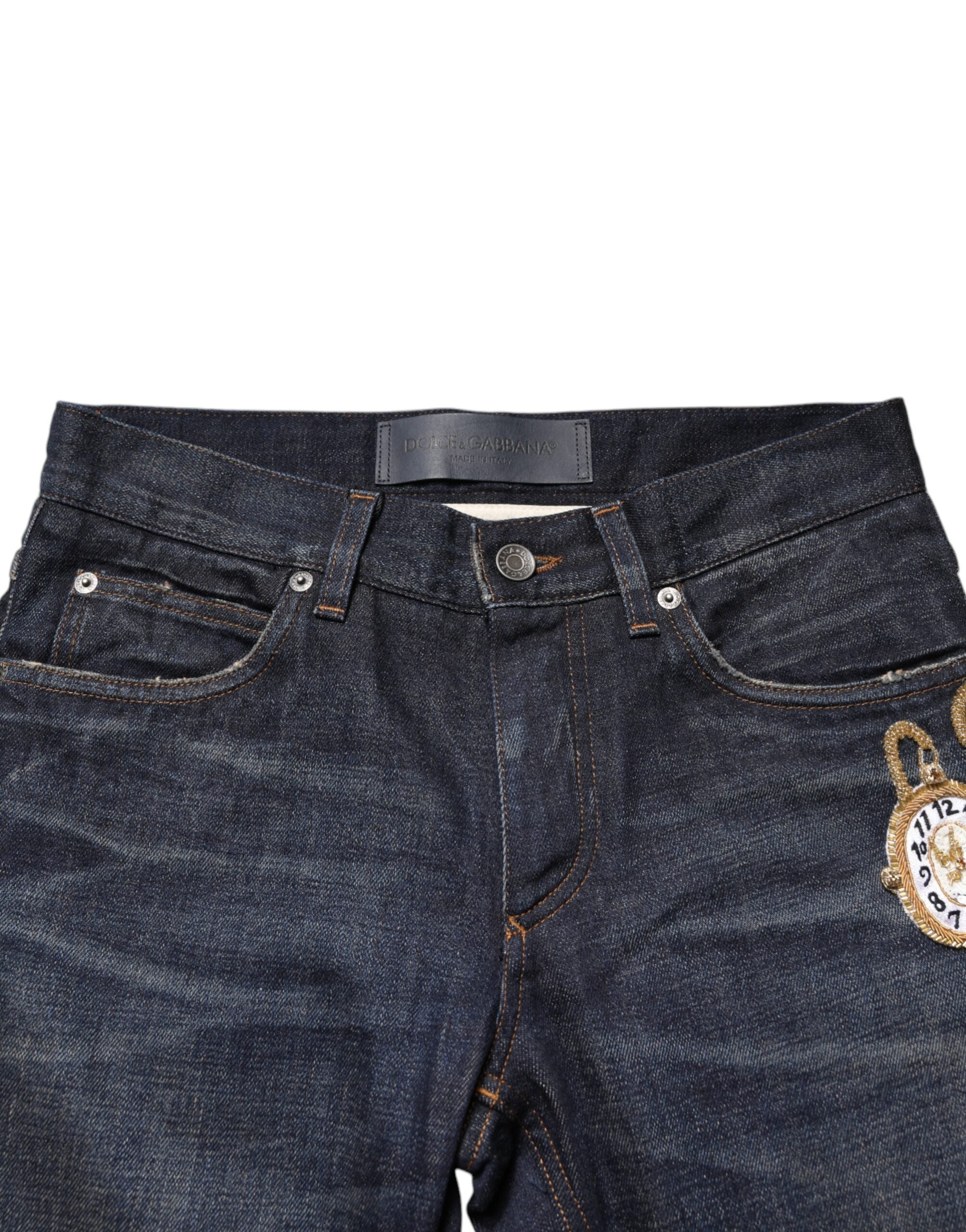 Dolce & Gabbana dark blue skinny jeans with gold watch for men-4
