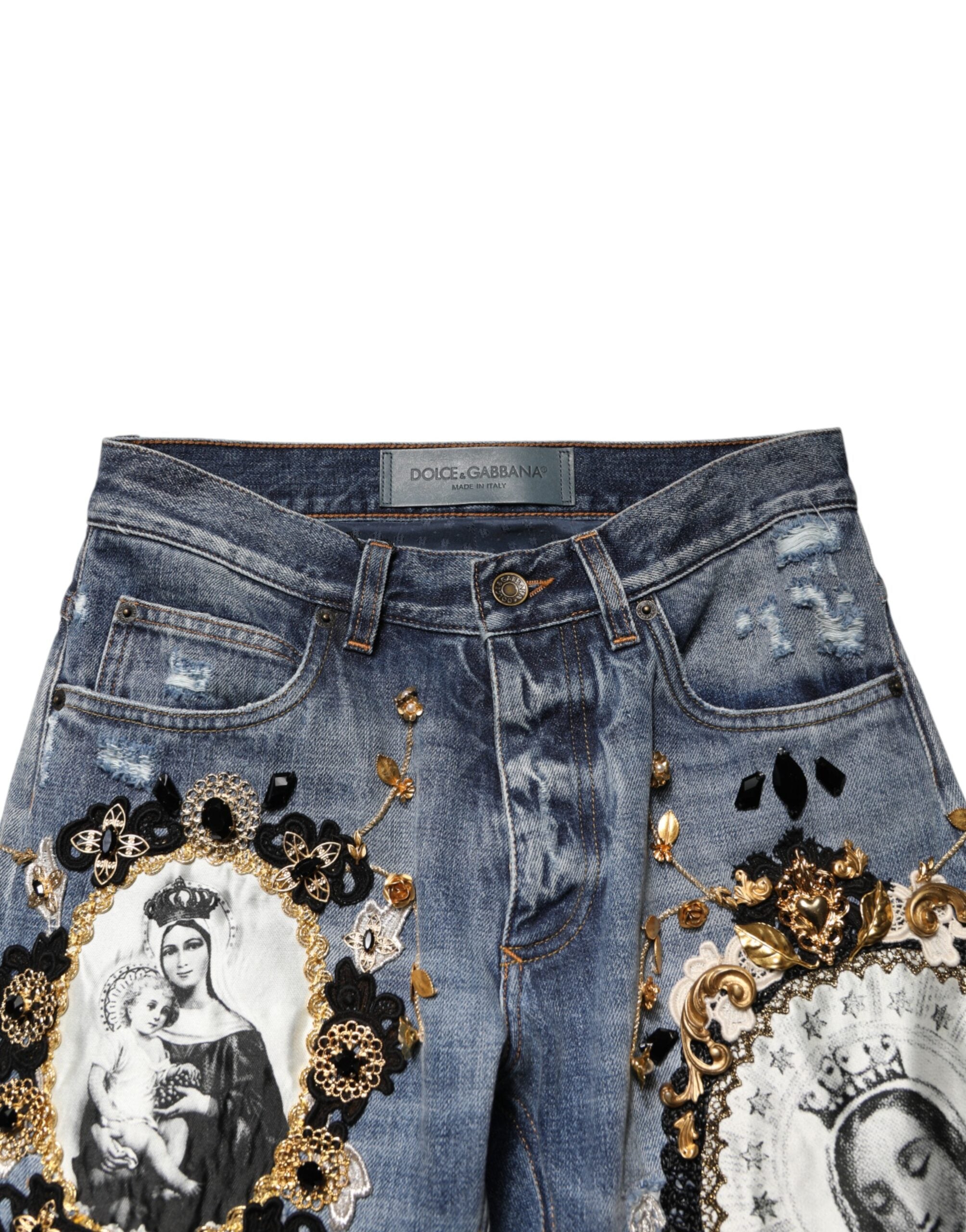 Dolce & Gabbana blue embellished jeans in ripped cotton denim-4