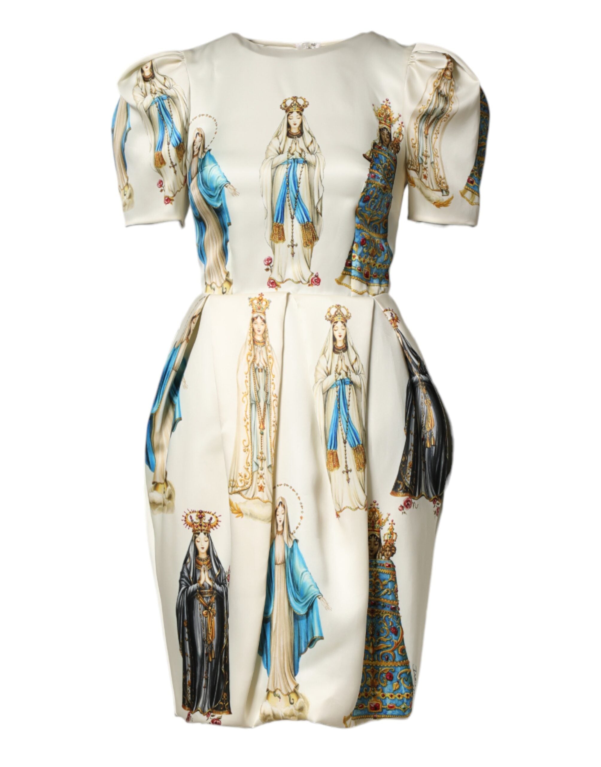 Dolce & Gabbana Beigefarbenes Madonnen-Print-Seidenkleid mit kurzen Ärmeln-1
