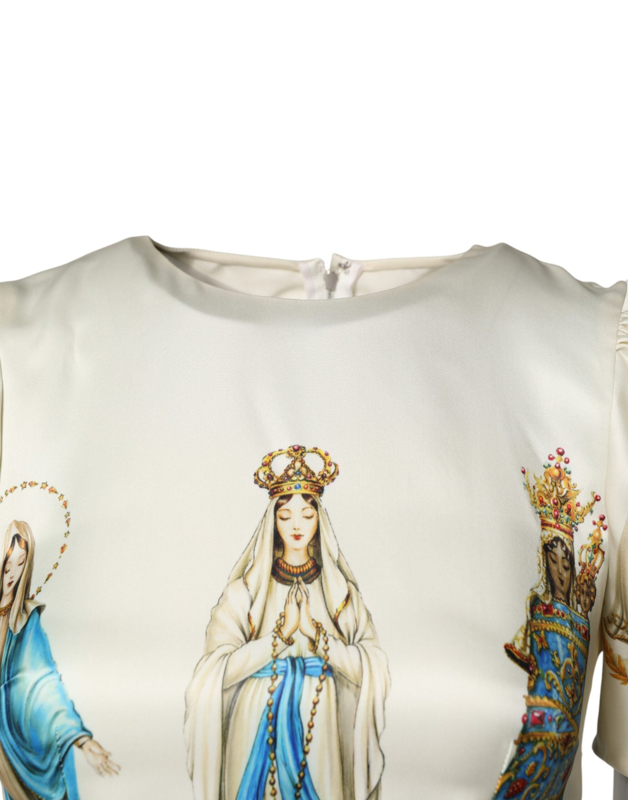 Dolce & Gabbana Beigefarbenes Madonnen-Print-Seidenkleid mit kurzen Ärmeln-3
