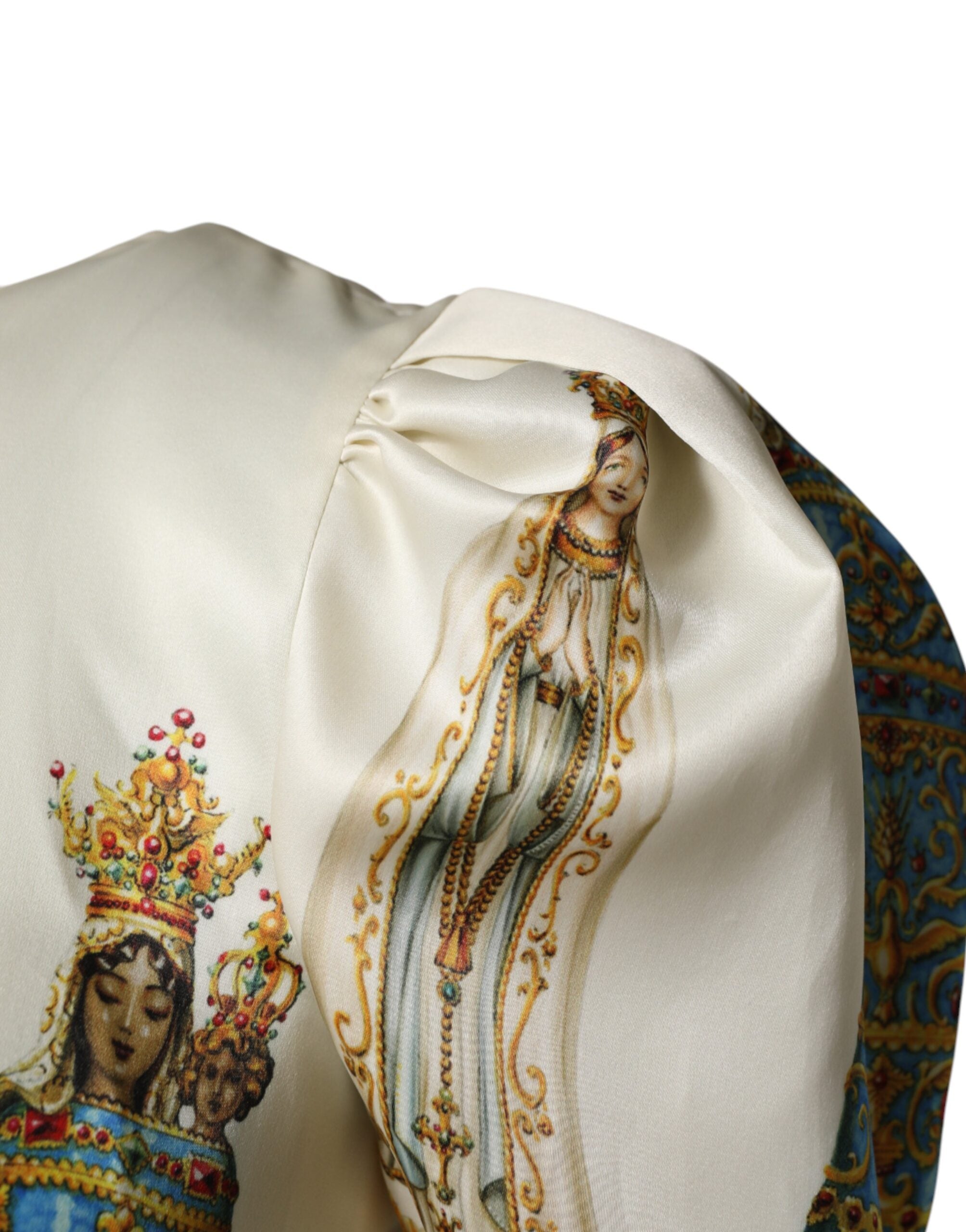 Dolce & Gabbana Beigefarbenes Madonnen-Print-Seidenkleid mit kurzen Ärmeln-4