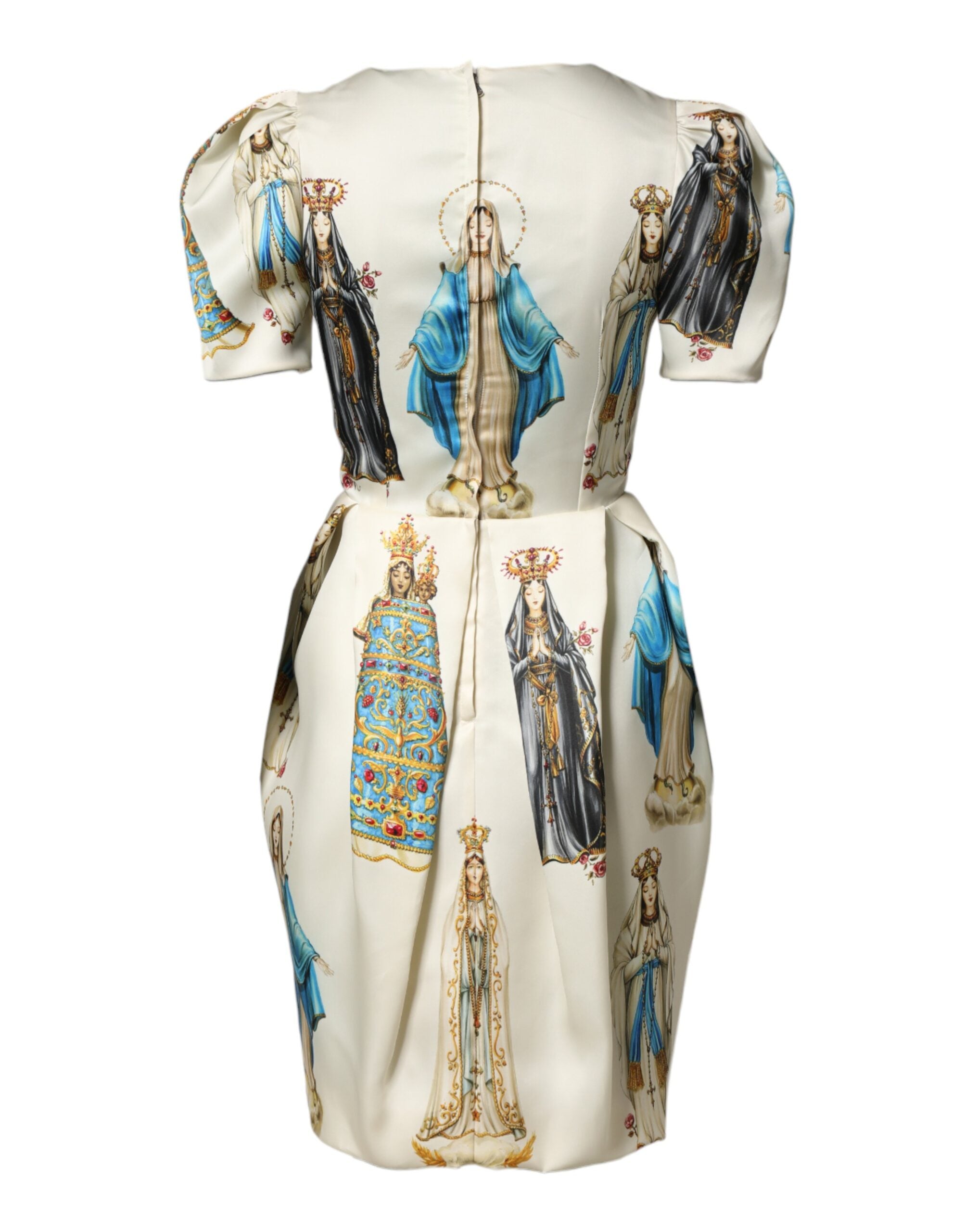 Dolce & Gabbana Beigefarbenes Madonnen-Print-Seidenkleid mit kurzen Ärmeln-6