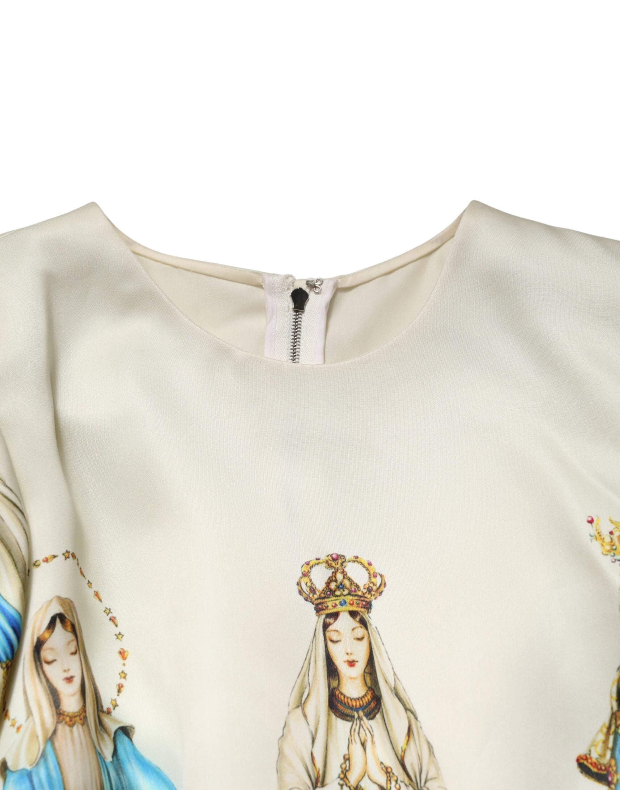 Dolce & Gabbana Beigefarbenes Madonnen-Print-Seidenkleid mit kurzen Ärmeln-7