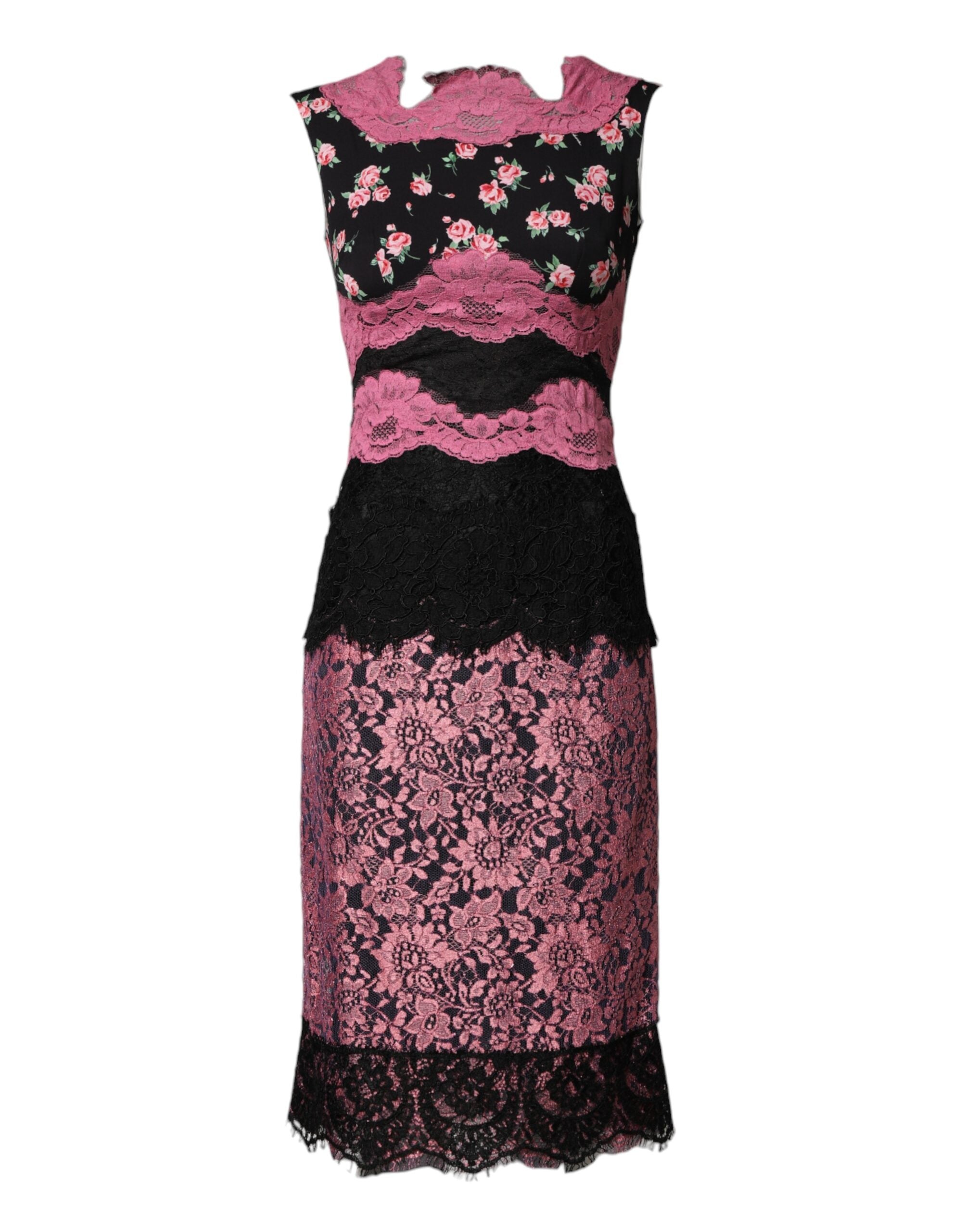 Dolce & Gabbana black silk dress with pink floral lace-1