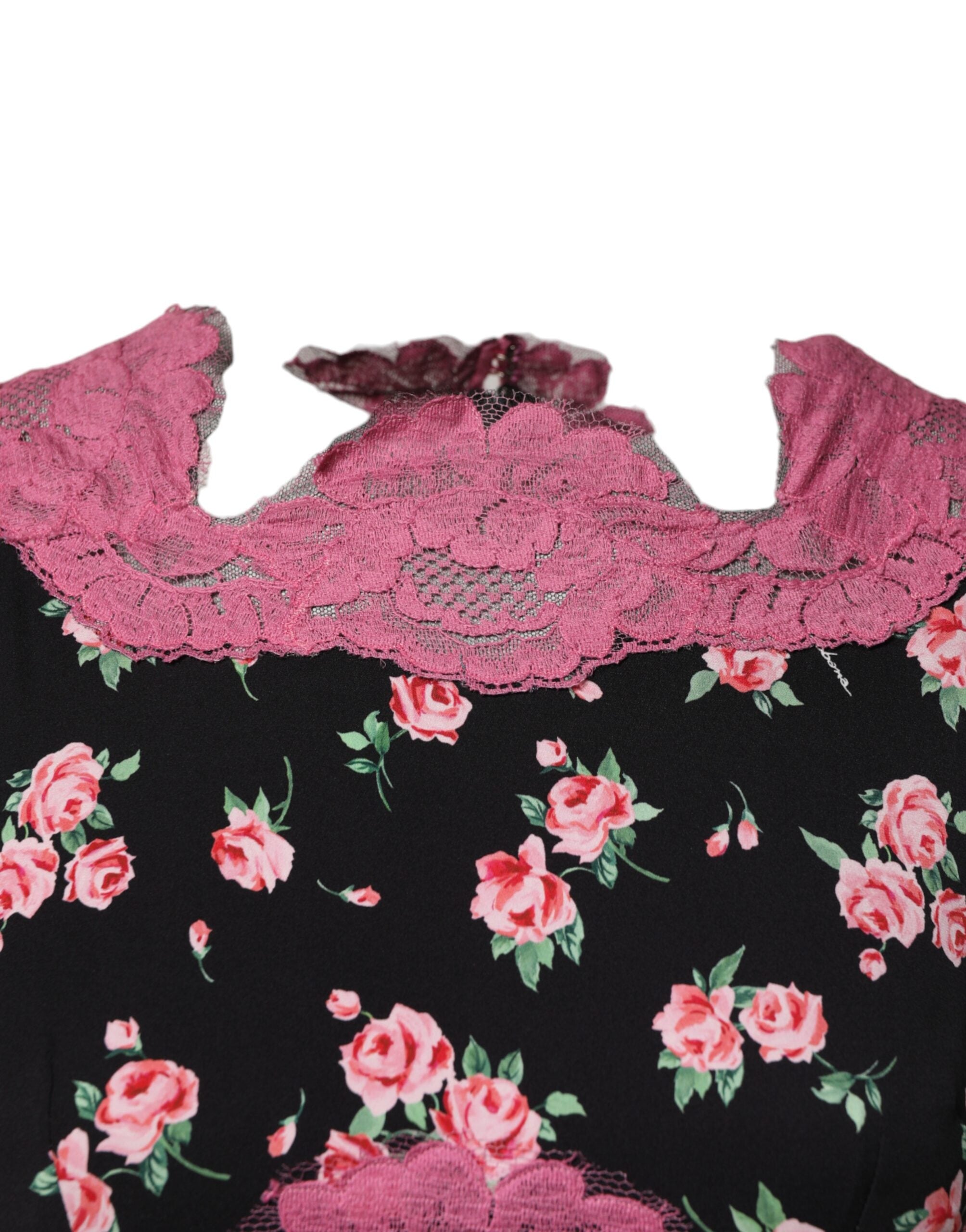 Dolce & Gabbana black silk dress with pink floral lace-3