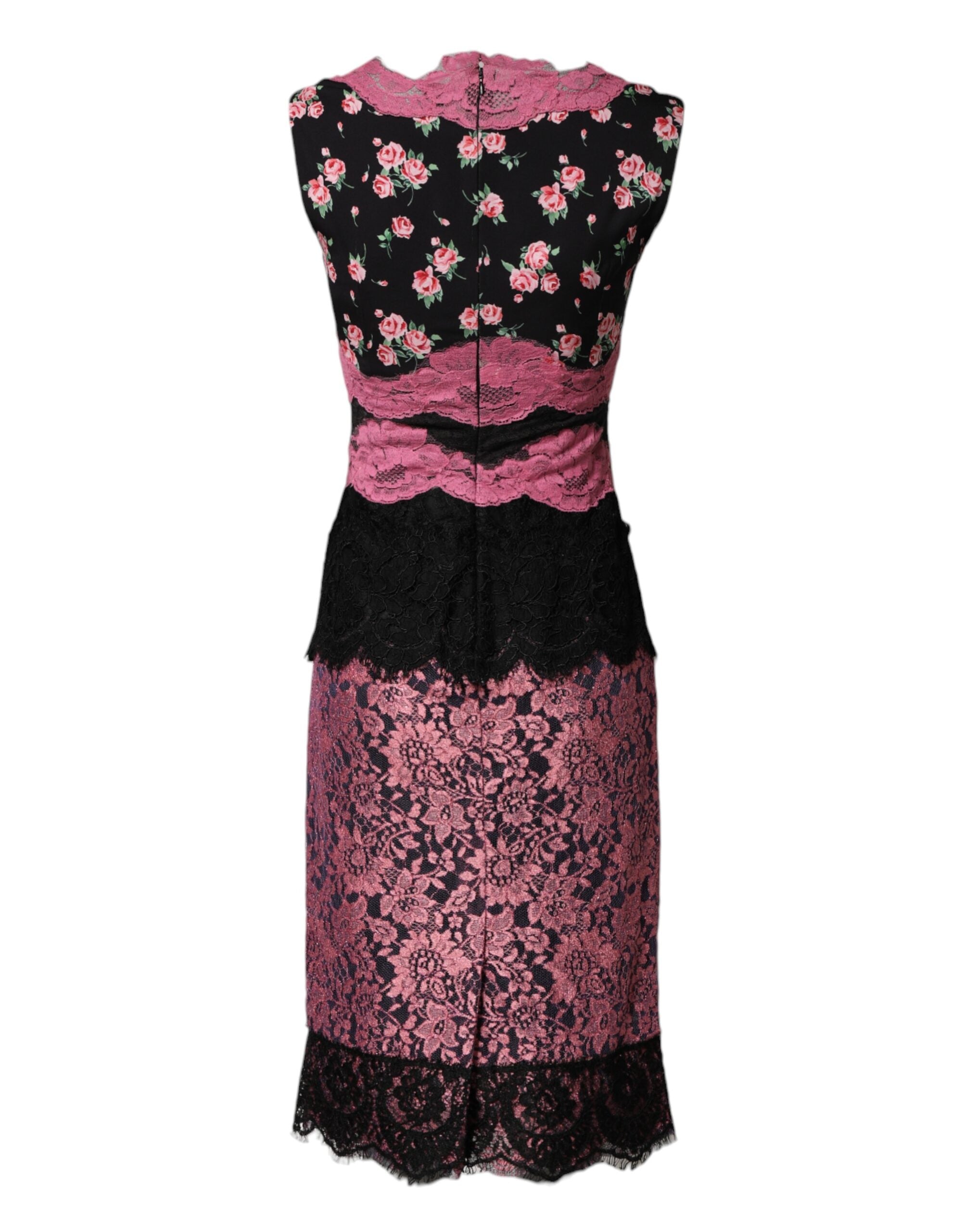 Dolce & Gabbana black silk dress with pink floral lace-5