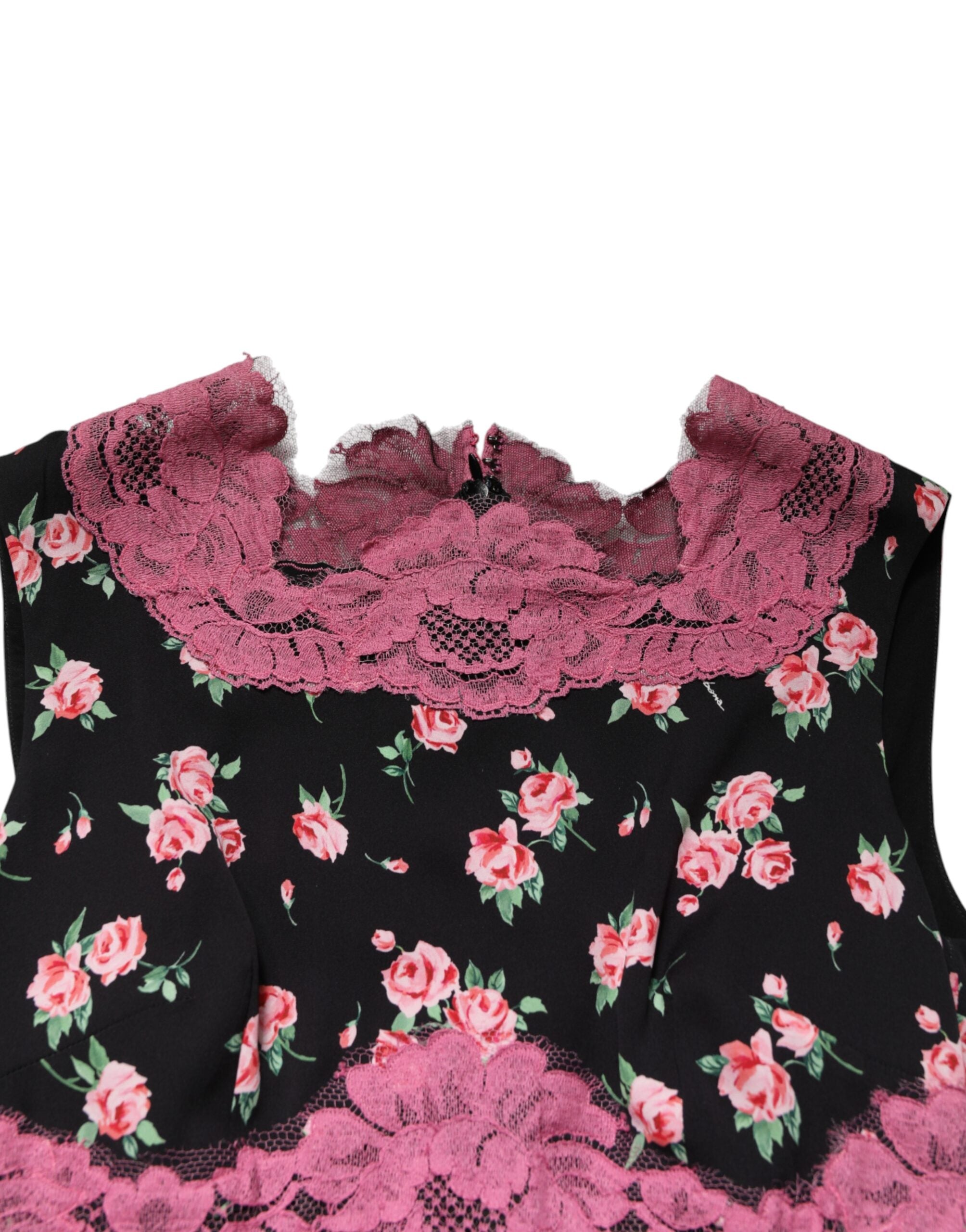 Dolce & Gabbana black silk dress with pink floral lace-6