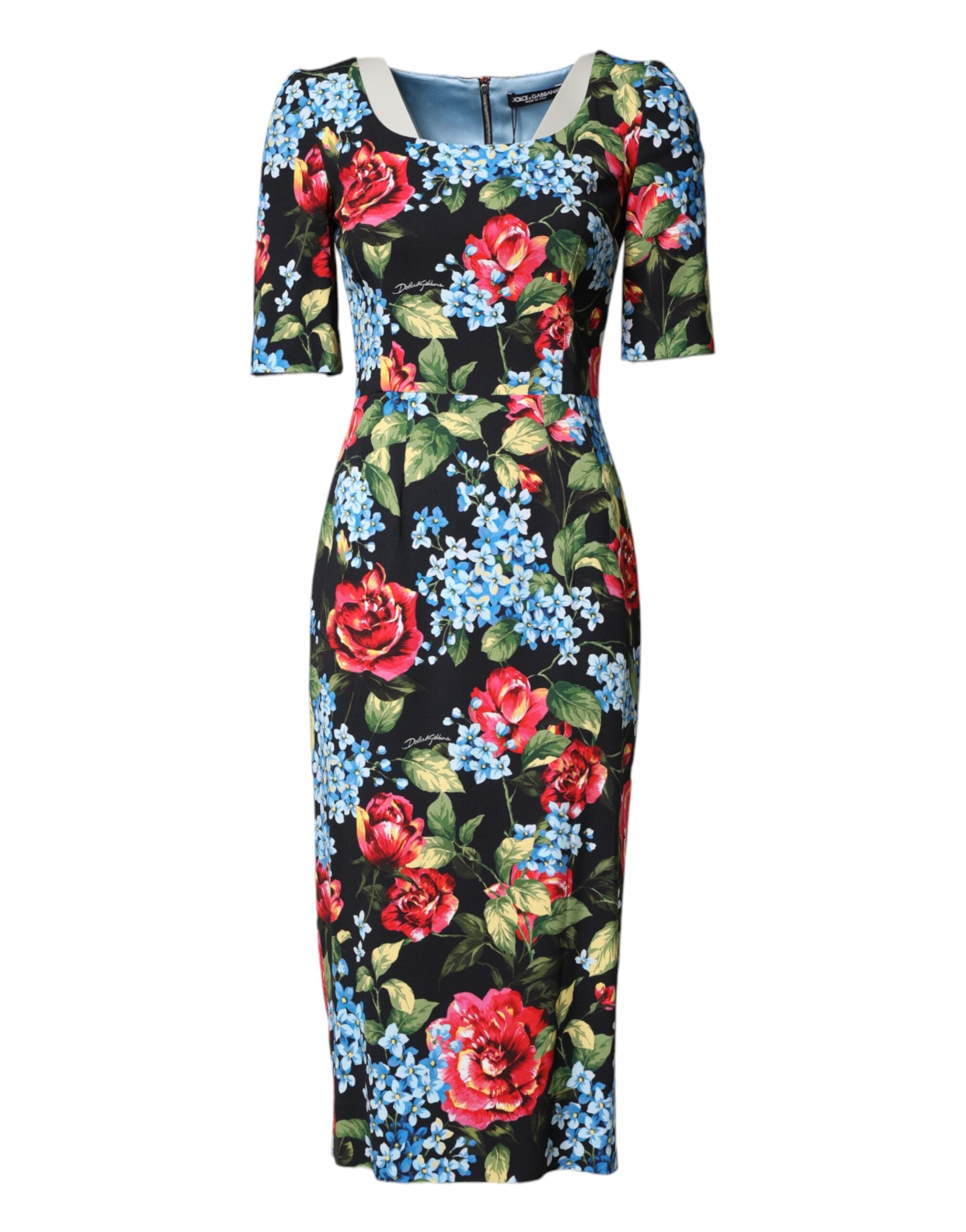 Dolce & Gabbana Schwarzes Midi-Etui-Kleid mit floralem Viskose-Print-2