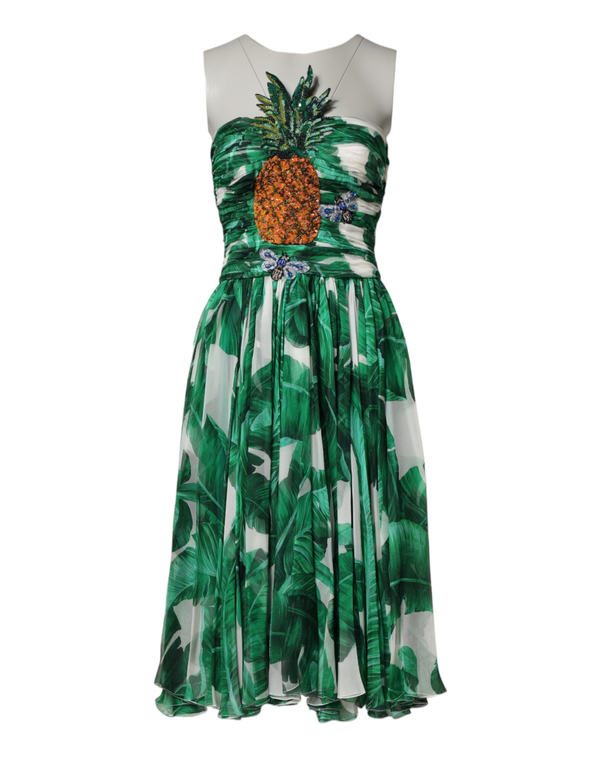Vestido Dolce & Gabbana con detalle de piña verde y estampado de hojas de plátano-2