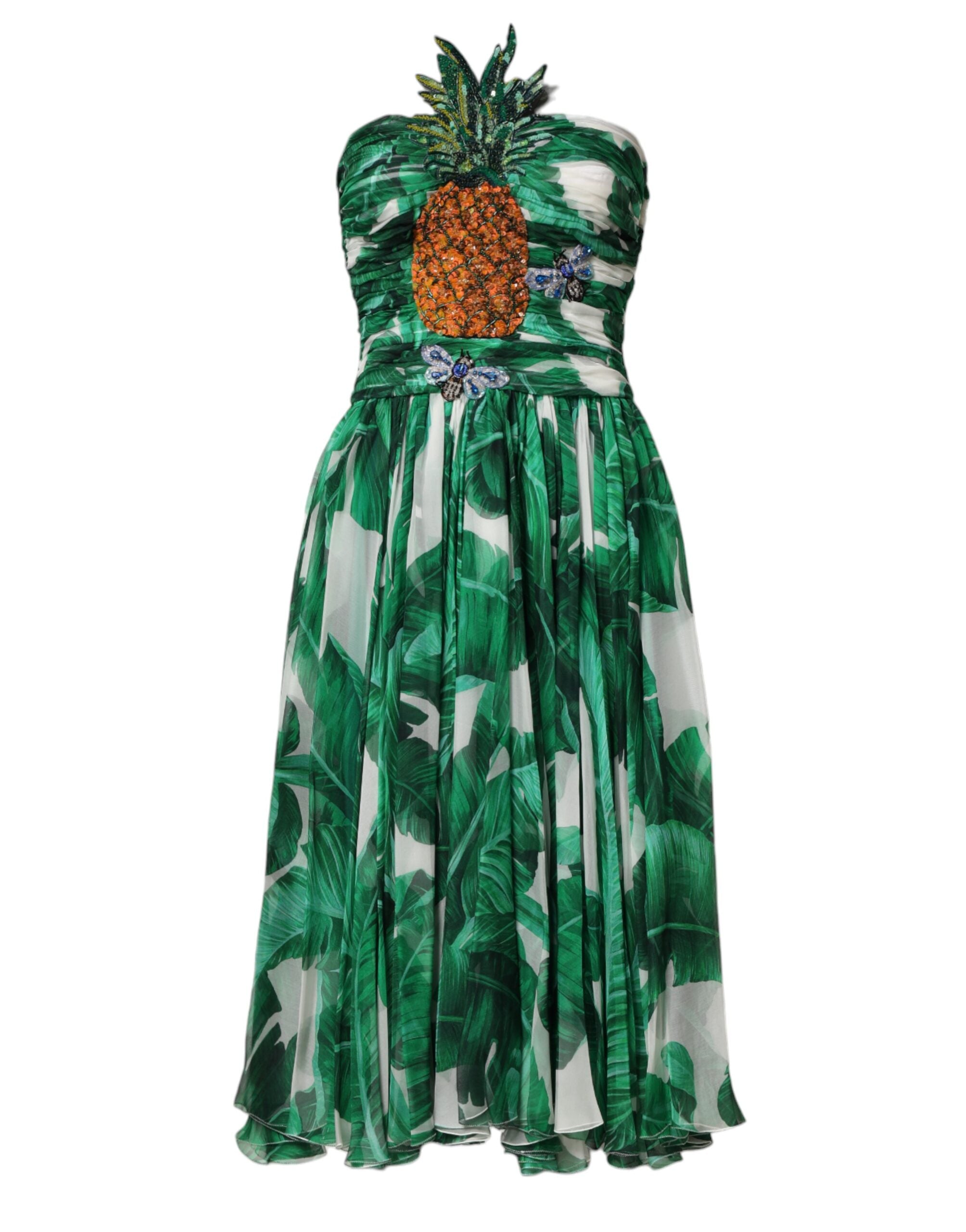 Vestido Dolce & Gabbana con detalle de piña verde y estampado de hojas de plátano-3