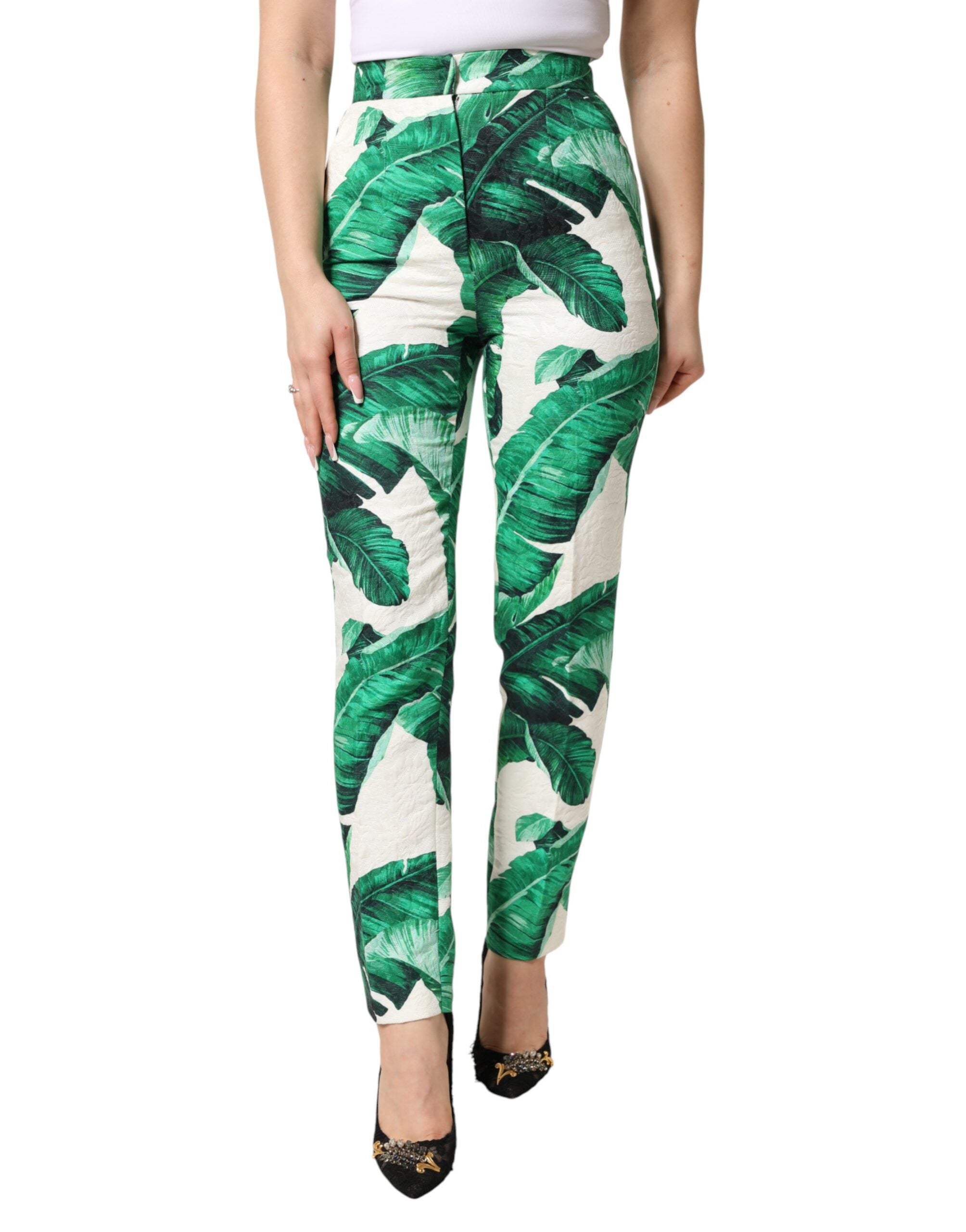Pantalones blancos de tiro alto con estampado de hojas verdes de Dolce & Gabbana-1