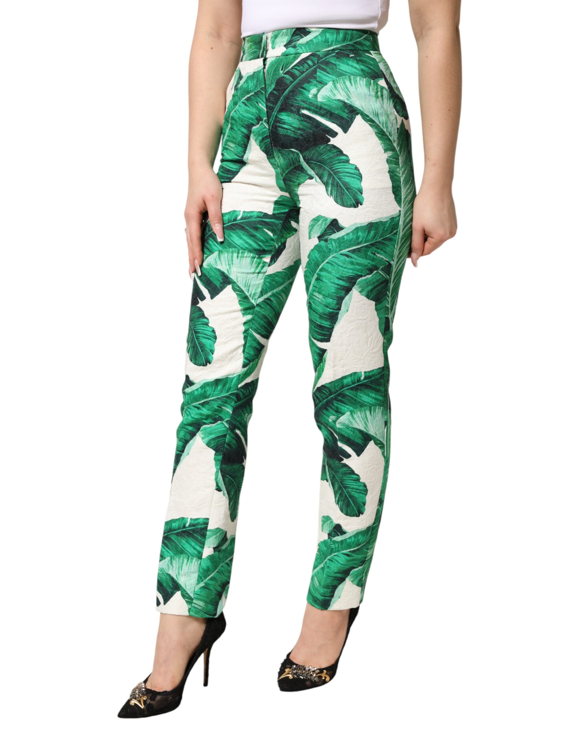 Pantalones blancos de tiro alto con estampado de hojas verdes de Dolce & Gabbana-3
