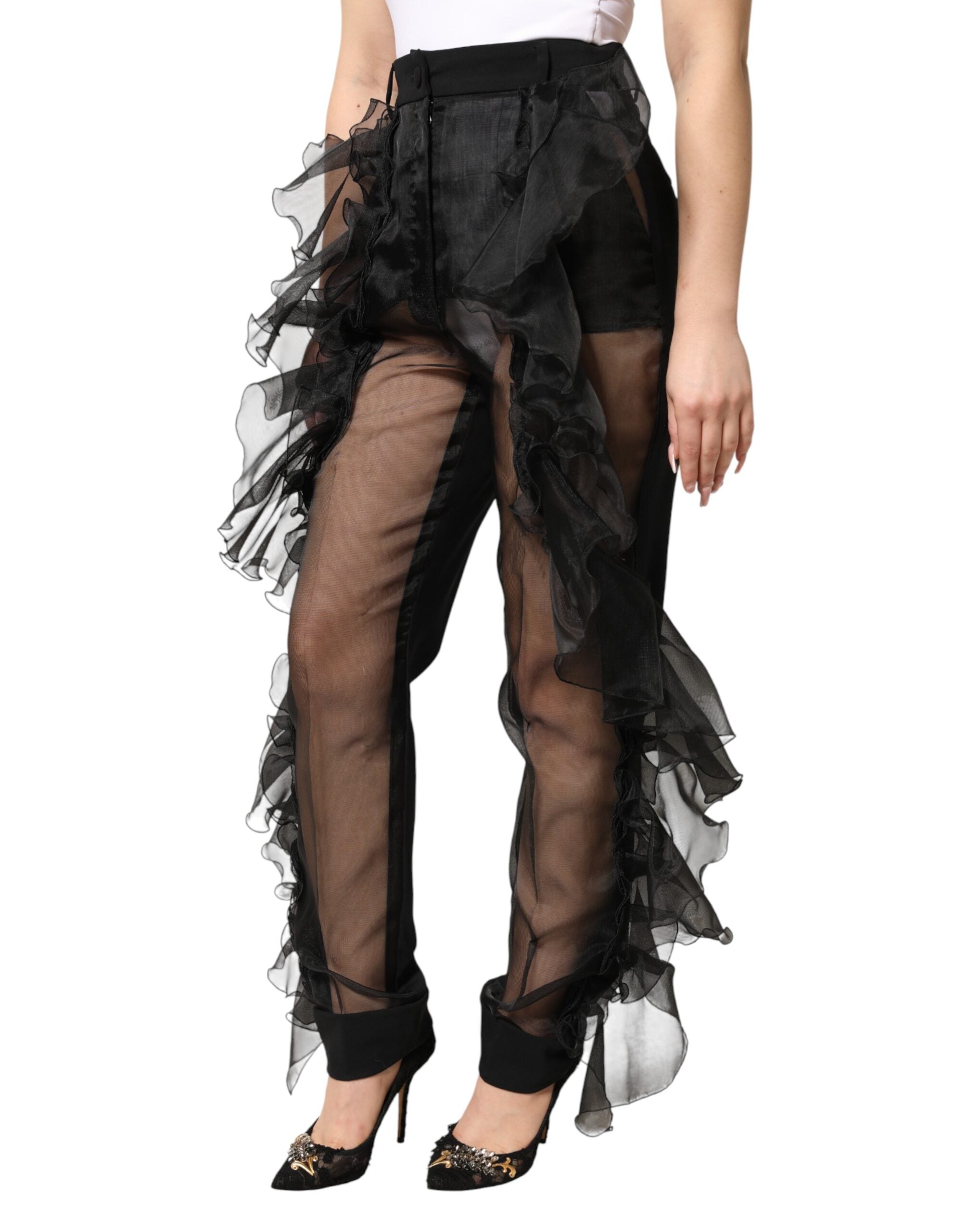 Dolce & Gabbana Black, high-waisted wool trousers with tulle-3