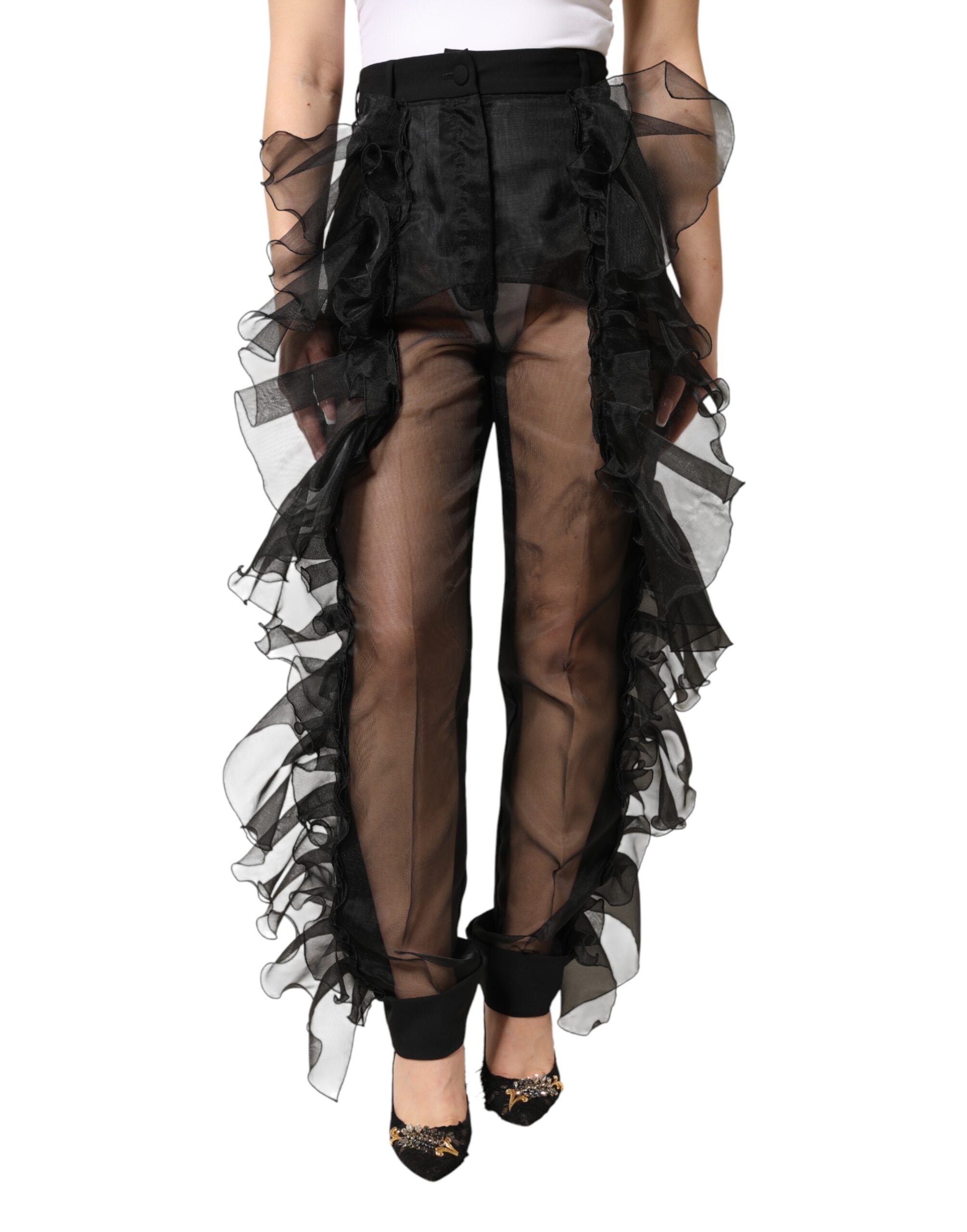 Dolce & Gabbana Black, high-waisted wool trousers with tulle-1