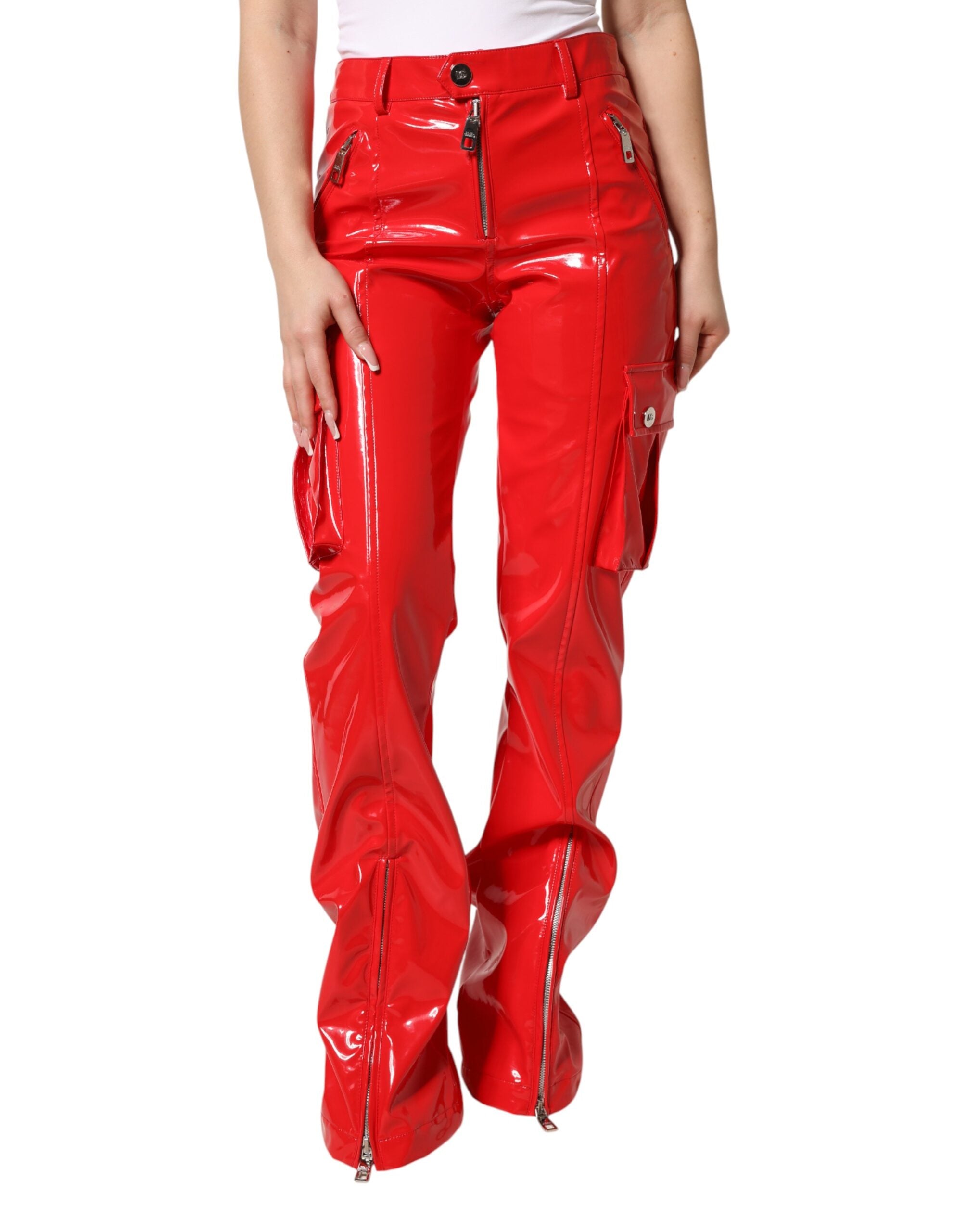 Dolce & Gabbana Rote, glänzende Polyester-Cargo-Bootcut-Hose-1