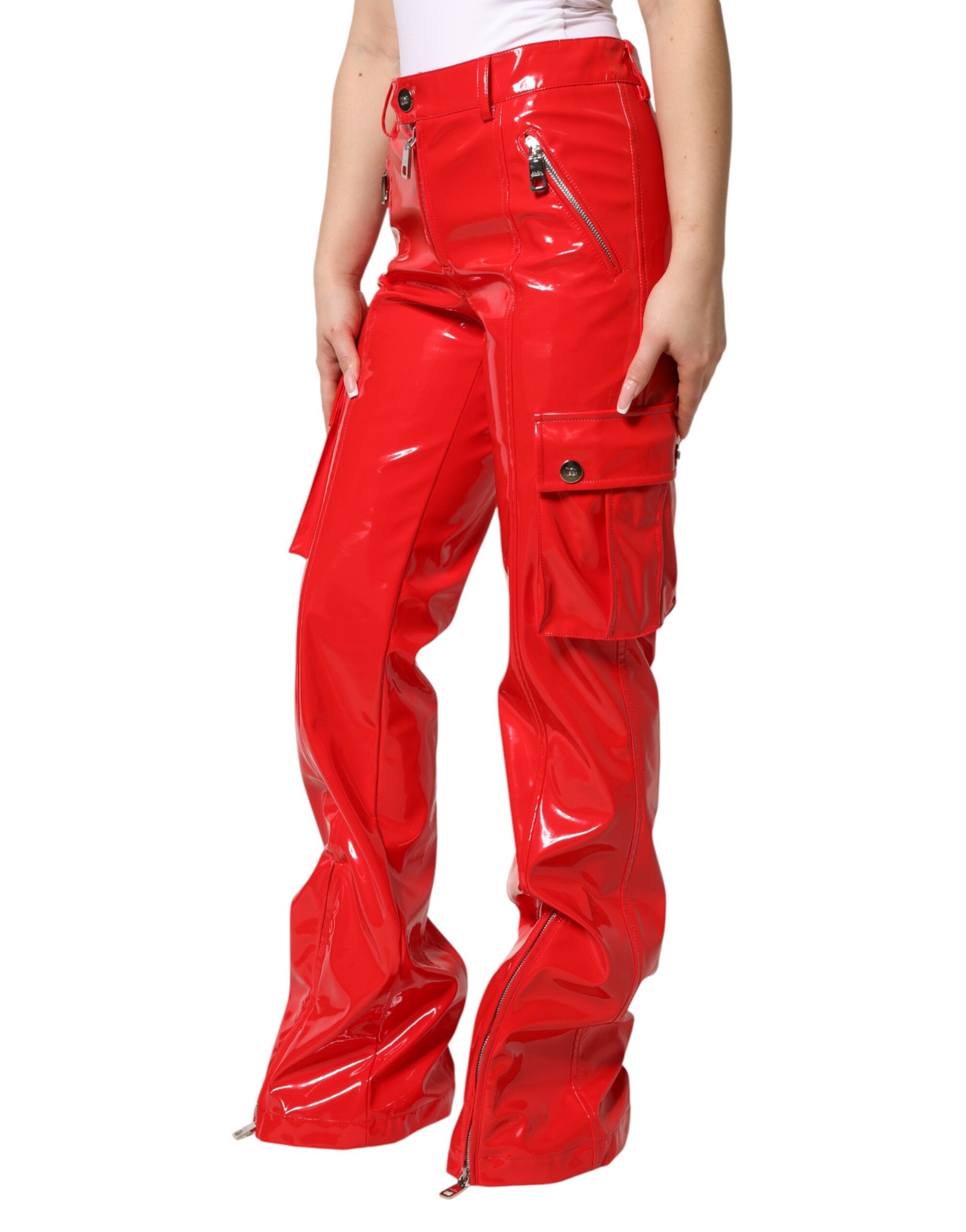Dolce & Gabbana Rote, glänzende Polyester-Cargo-Bootcut-Hose-3