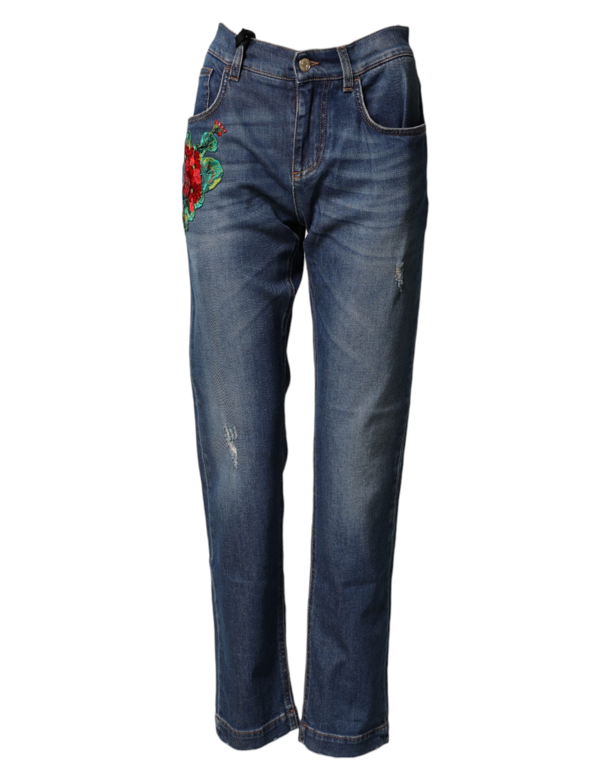 Dolce & Gabbana blue embroidered boyfriend jeans with floral pattern-2