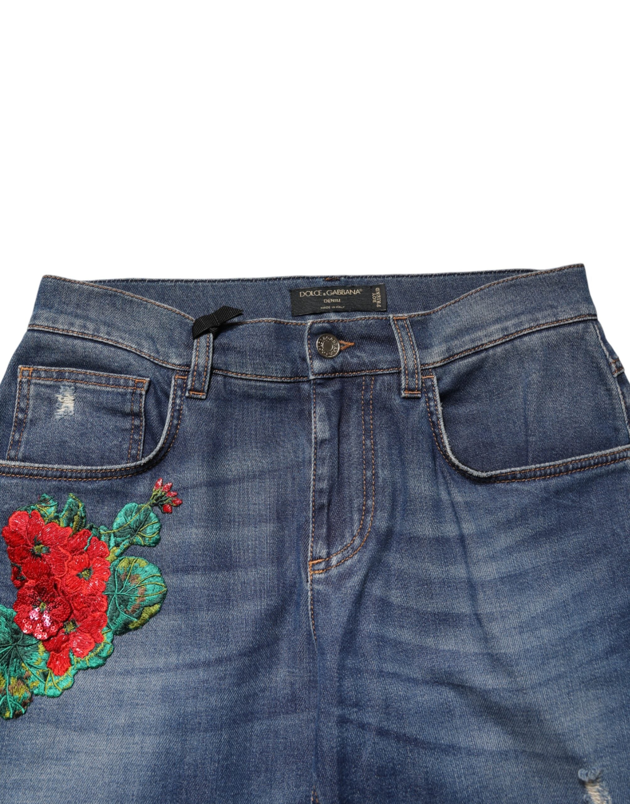 Dolce & Gabbana blue embroidered boyfriend jeans with floral pattern-4