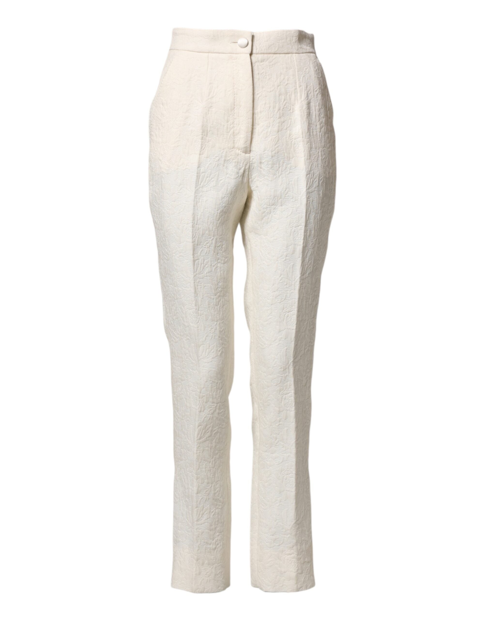 Dolce & Gabbana White cotton trousers with floral brocade pattern