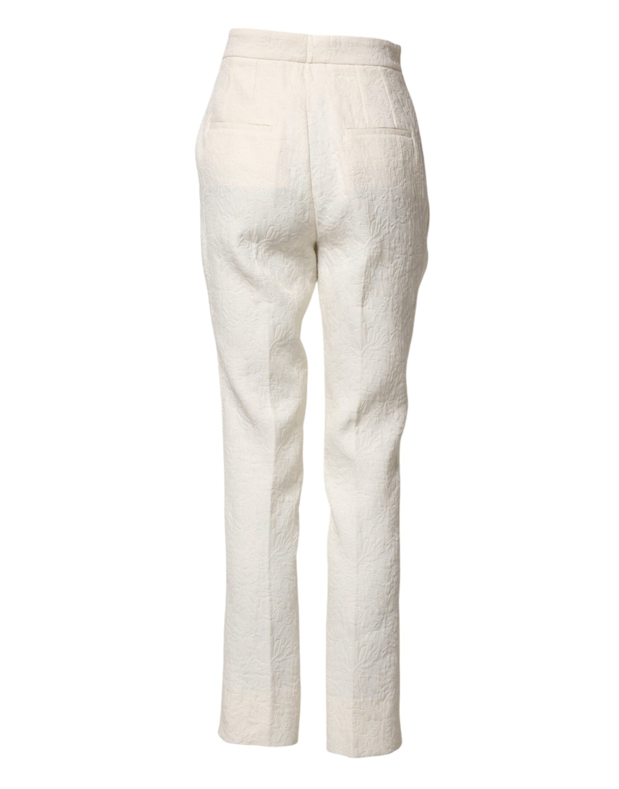 Dolce & Gabbana White cotton trousers with floral brocade pattern-3