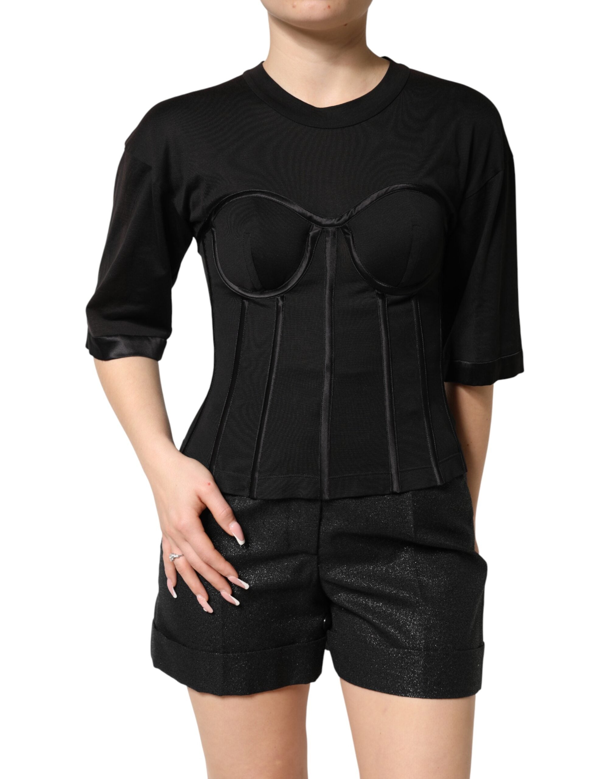 Dolce & Gabbana Schwarzes Baumwoll-Korsett-Bustier-T-Shirt mit kurzen Ärmeln-2