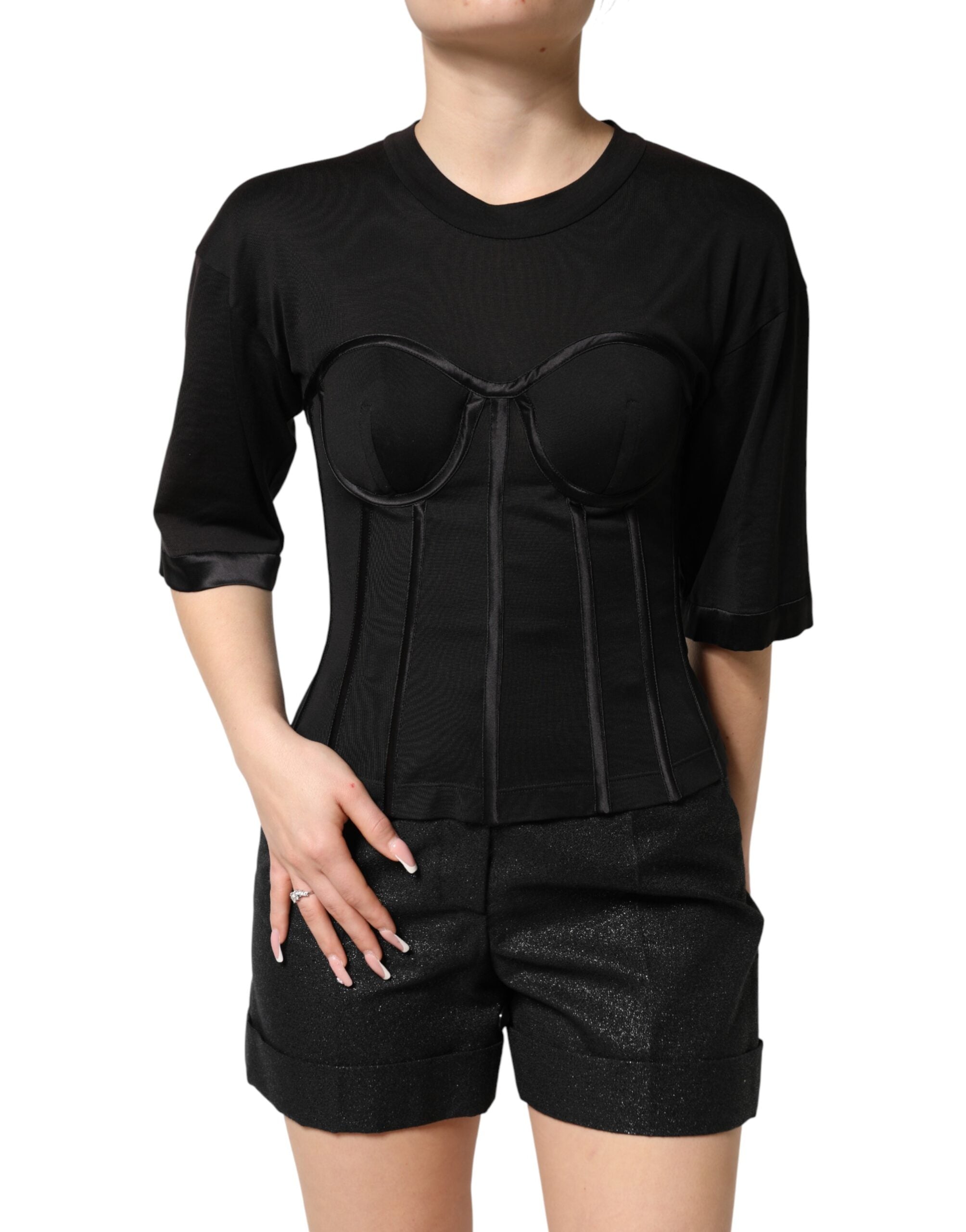 Dolce & Gabbana Schwarzes Baumwoll-Korsett-Bustier-T-Shirt mit kurzen Ärmeln-3