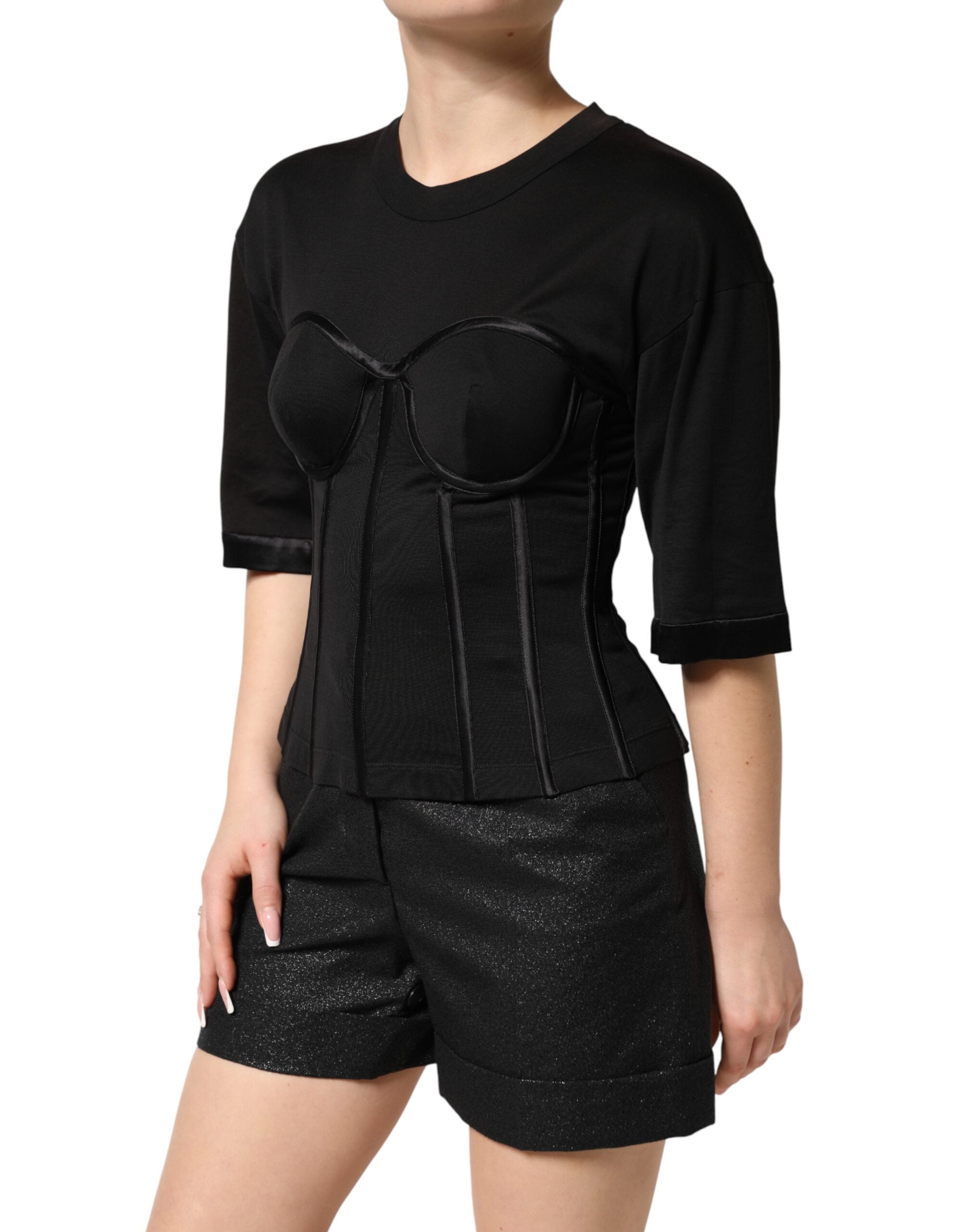 Dolce & Gabbana Schwarzes Baumwoll-Korsett-Bustier-T-Shirt mit kurzen Ärmeln-4