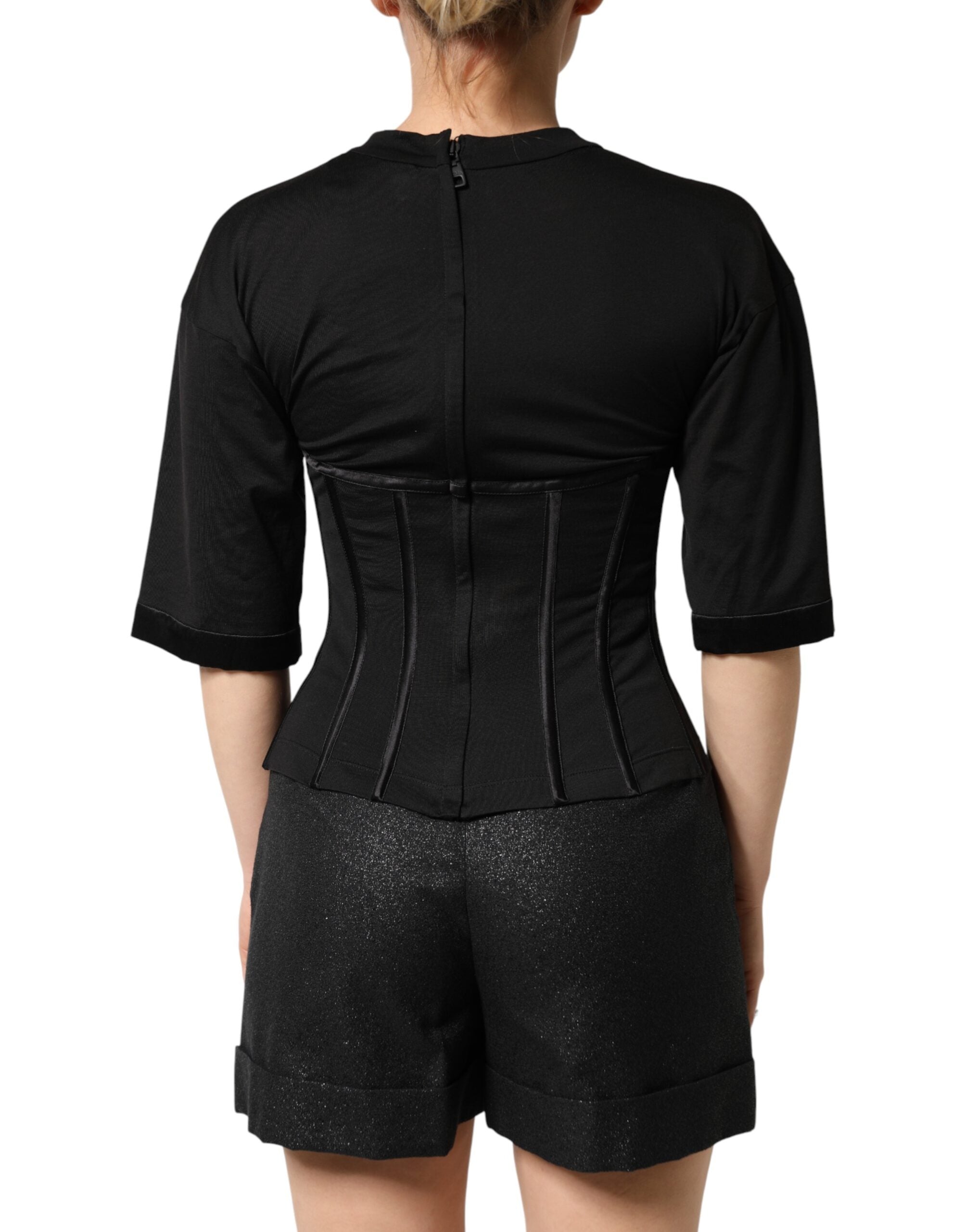 Dolce & Gabbana Schwarzes Baumwoll-Korsett-Bustier-T-Shirt mit kurzen Ärmeln-5
