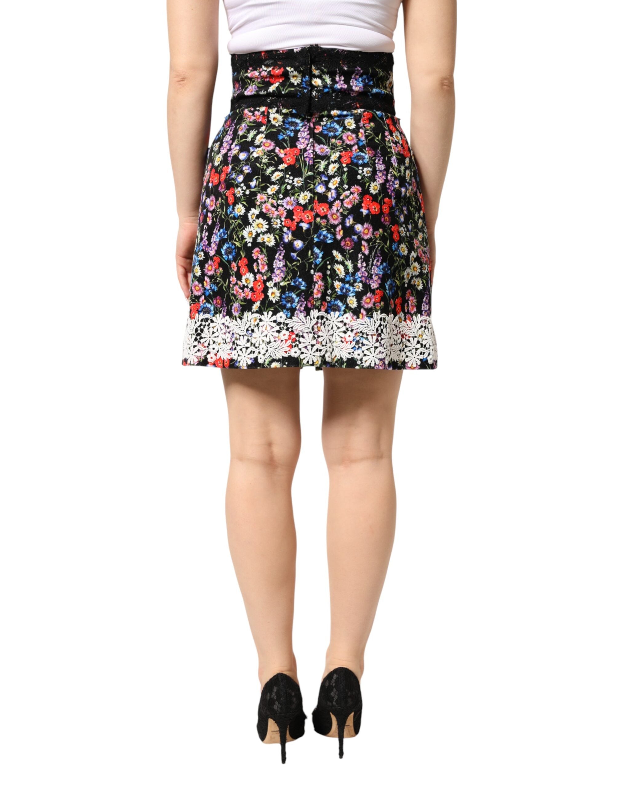 Dolce & Gabbana black cotton mini skirt with floral lace-4